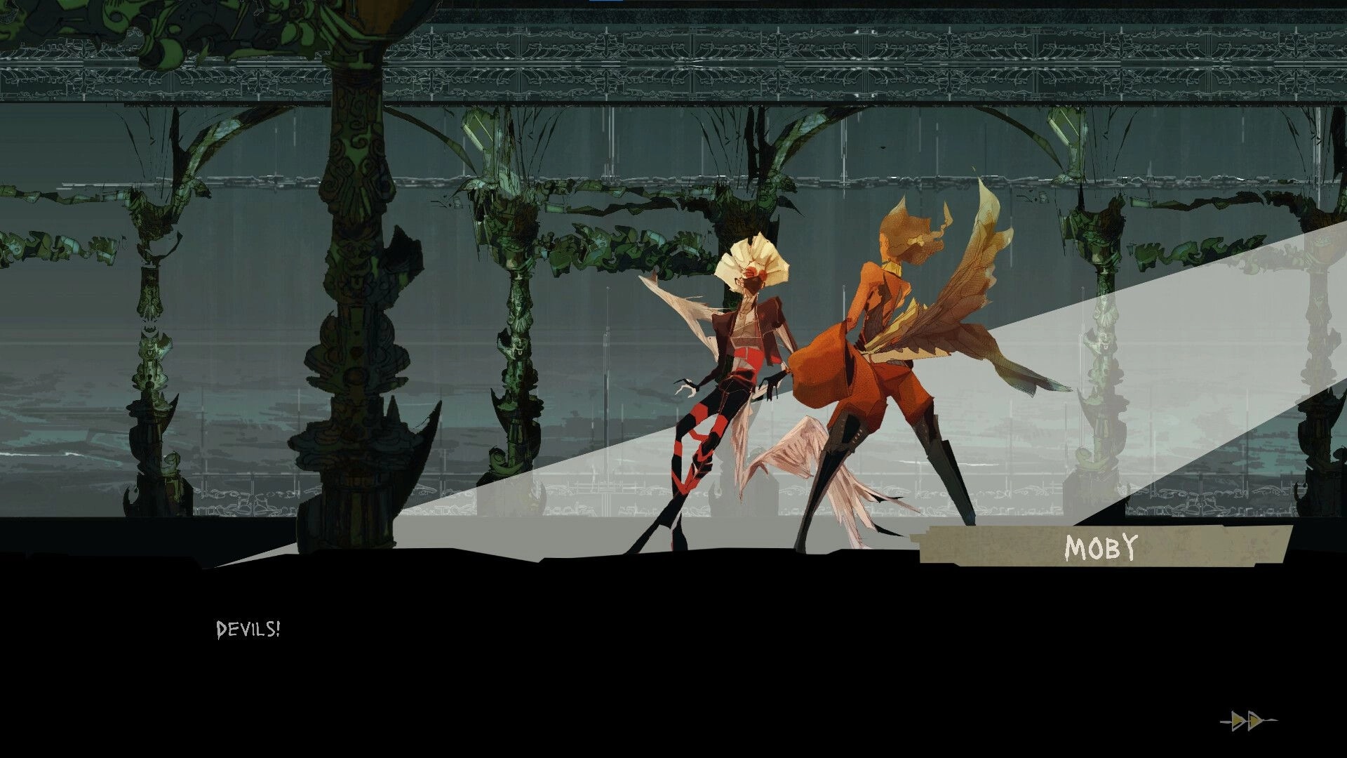 Nowhere Manor: Moby speaks in dialogue box beside two winged figures in a ruined hall backdrop.