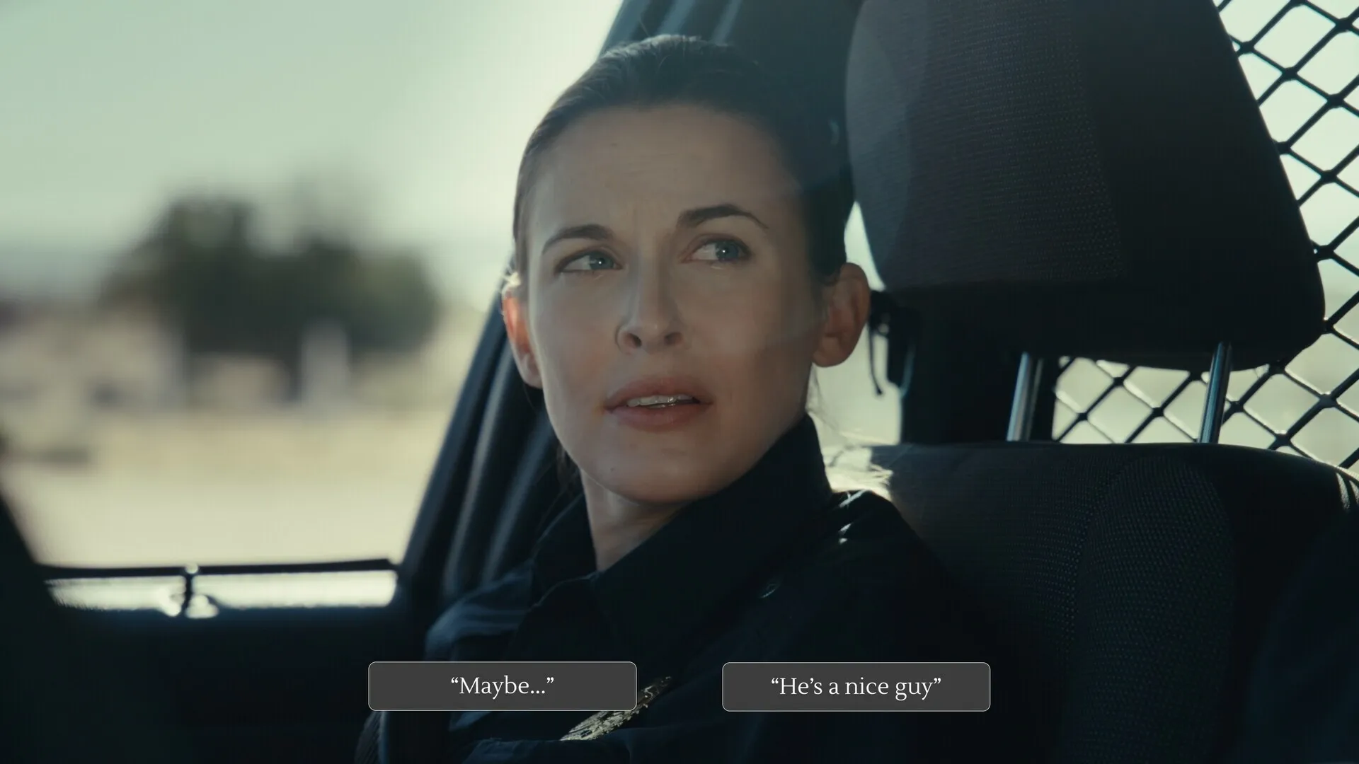 Nowhere to Run: Police officer in a car with dialogue options "Maybe..." and "He's a nice guy" visible