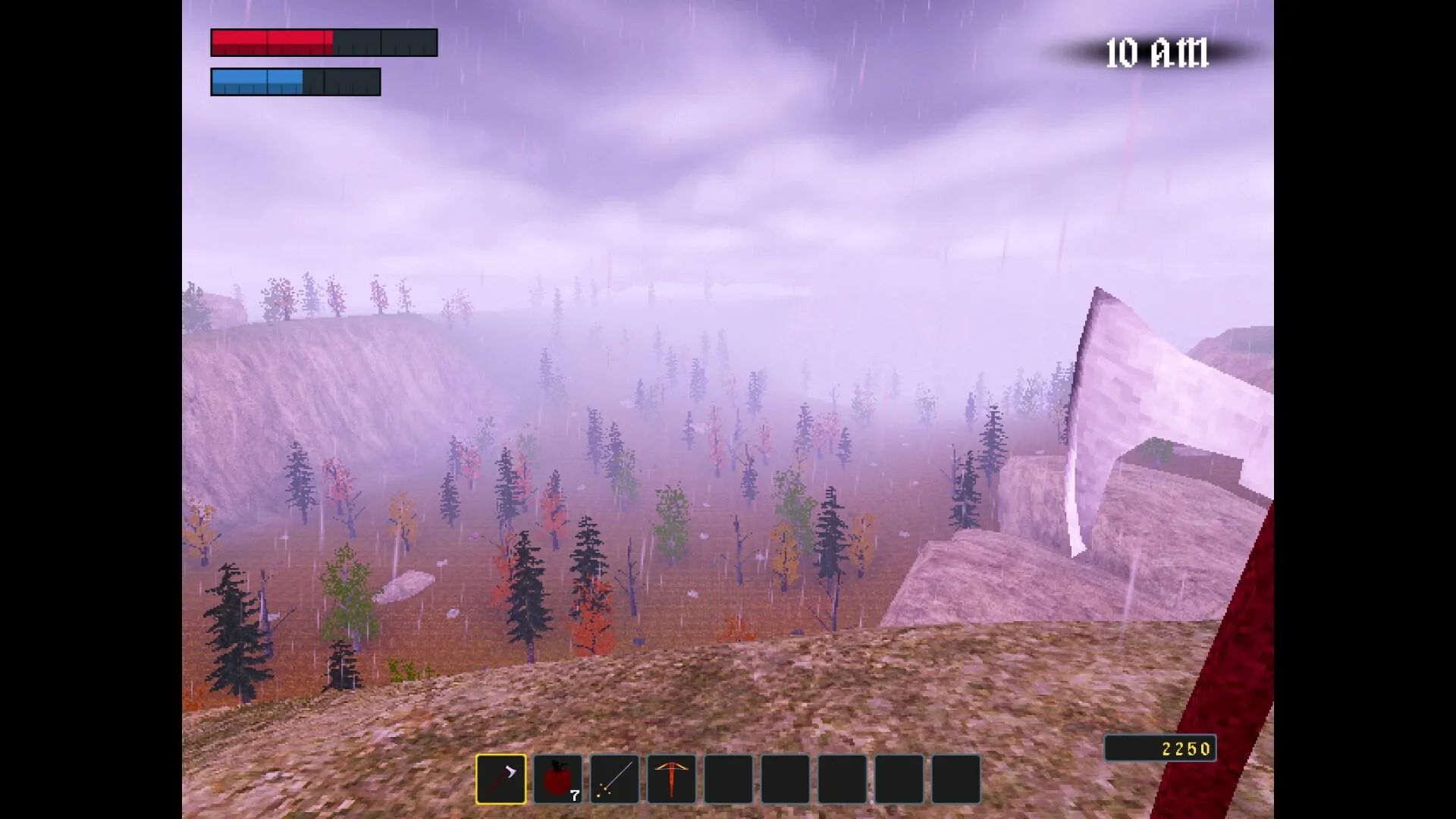 Nox Mortalis: Player views misty landscape with axe equipped, health bars, and inventory visible
