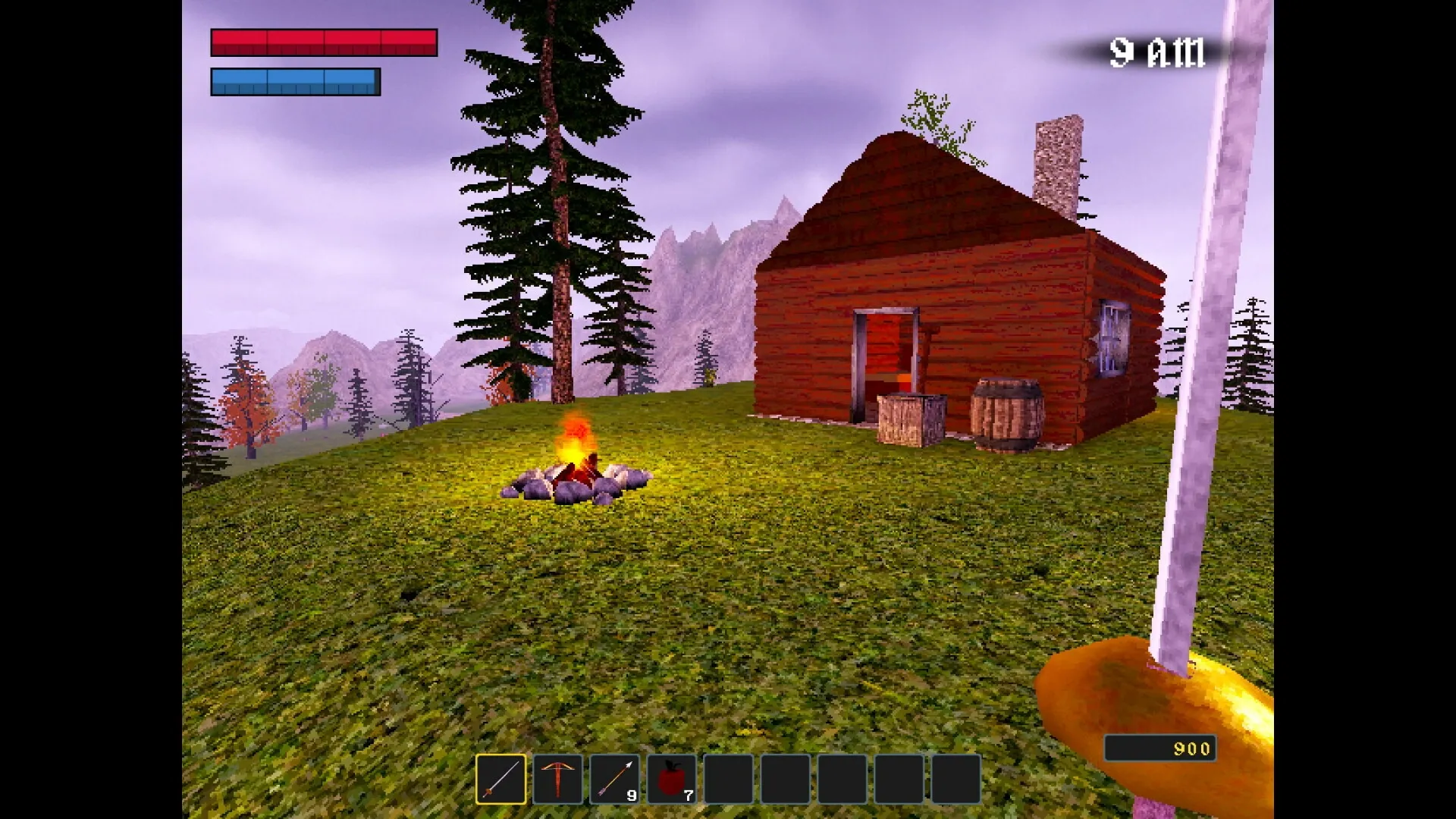 Nox Mortalis: Player holds sword near cabin with campfire, health bars, and inventory icons visible