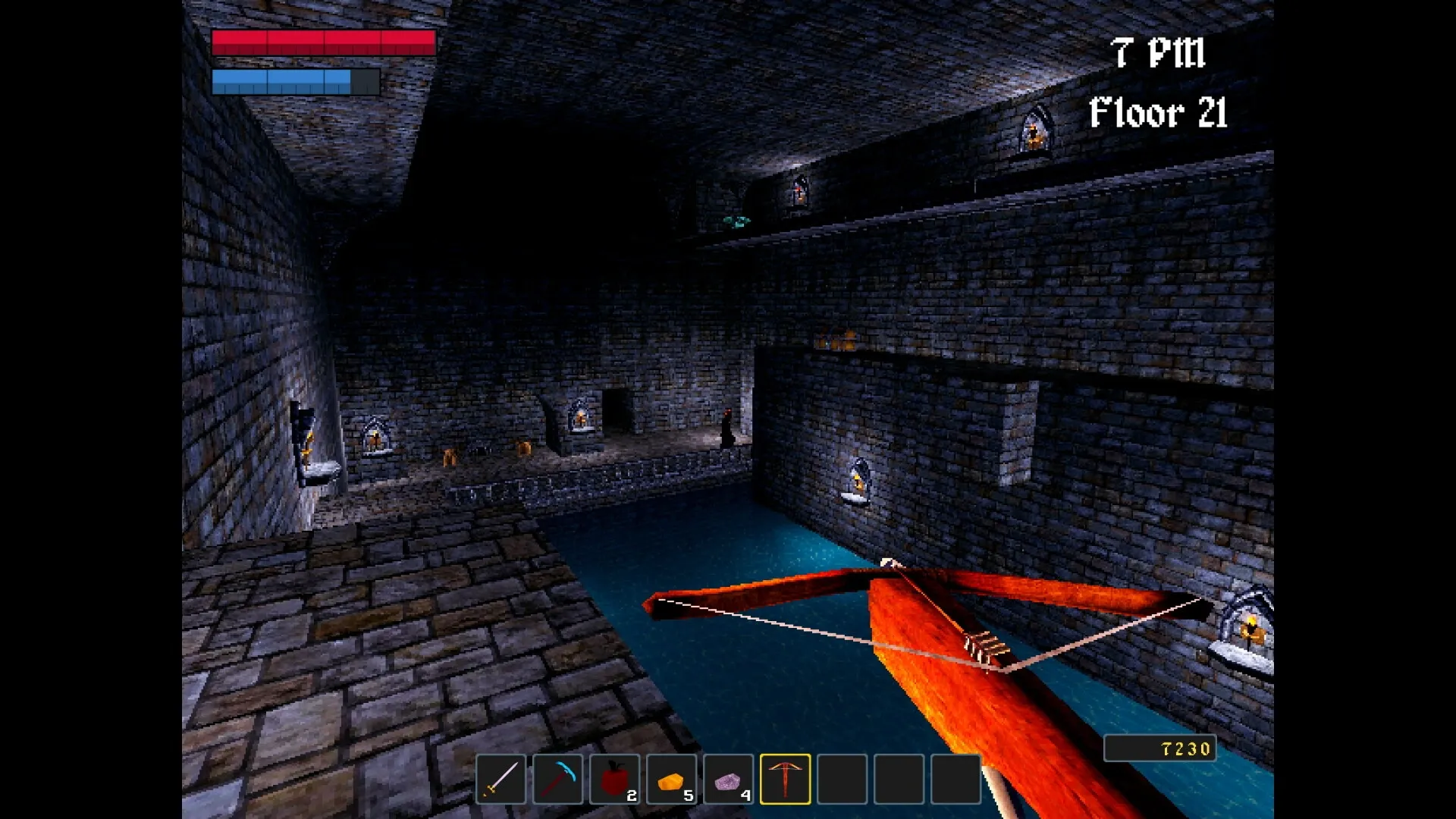 Nox Mortalis: Crossbow aimed in a dimly lit dungeon with stone walls, health bar, and inventory visible