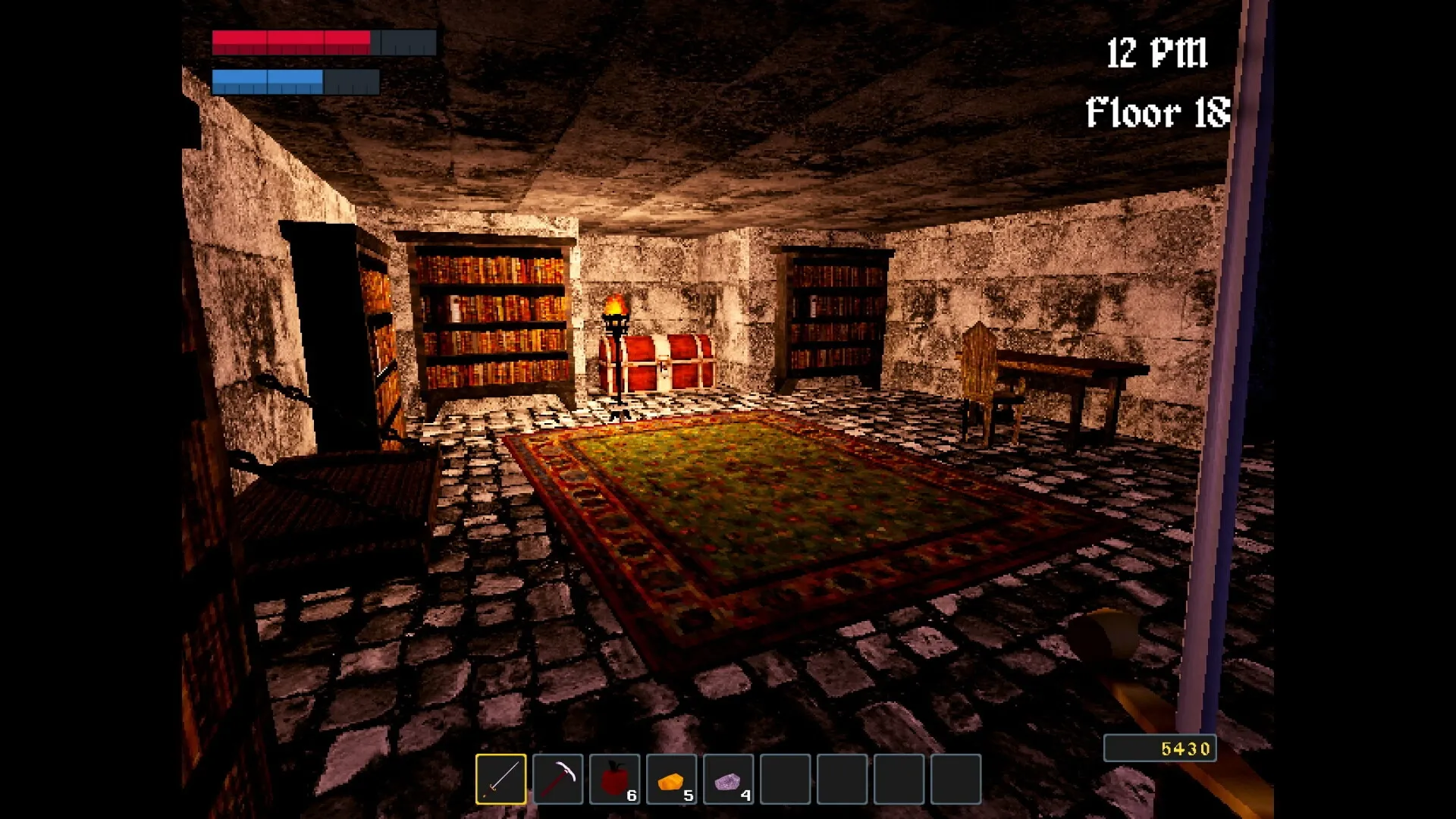 Nox Mortalis: Exploring a dimly lit dungeon room with bookshelves, a chest, and a detailed floor rug.