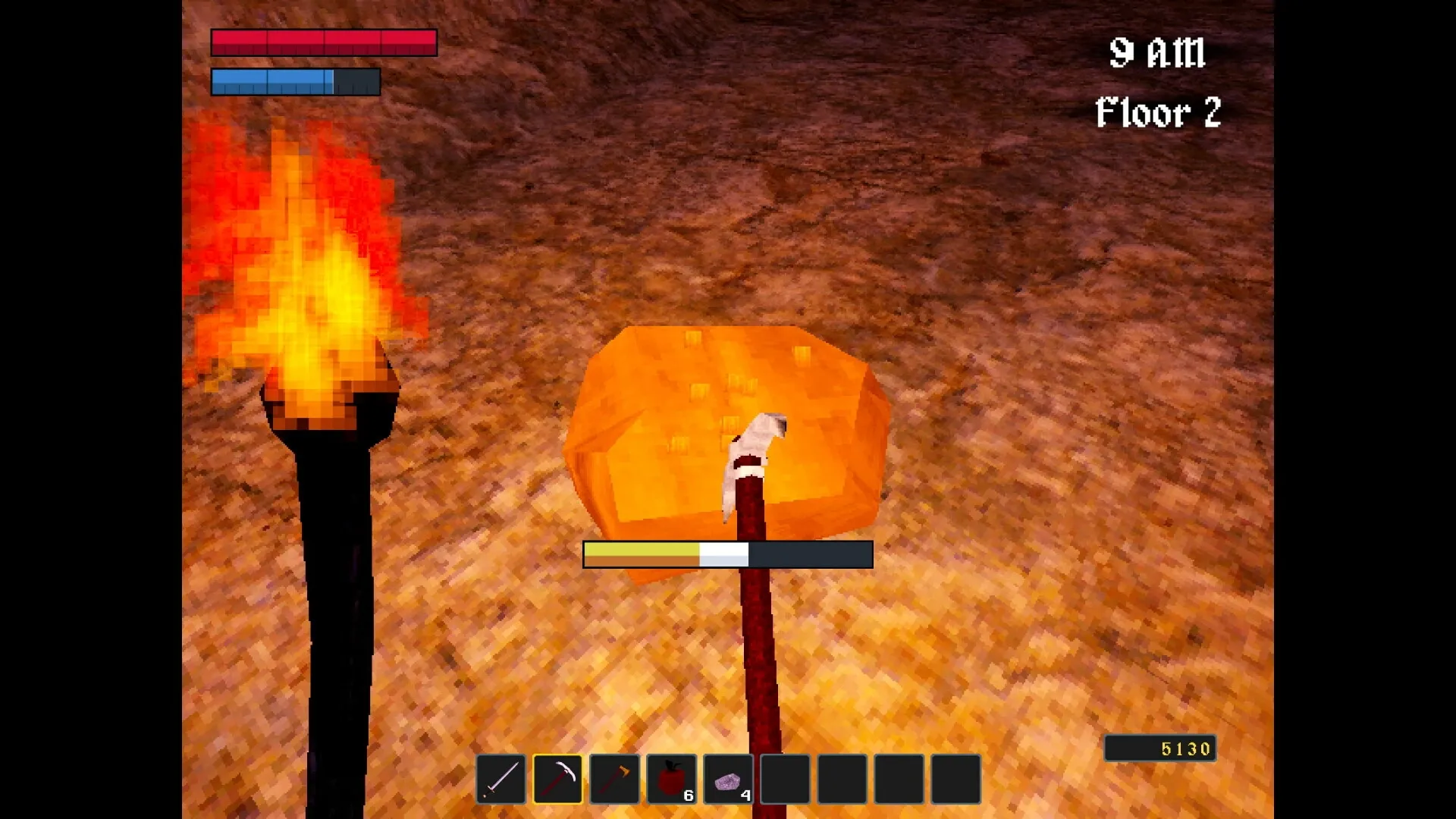 Nox Mortalis: Mining action with pickaxe near torchlight in underground cavern, inventory bar visible