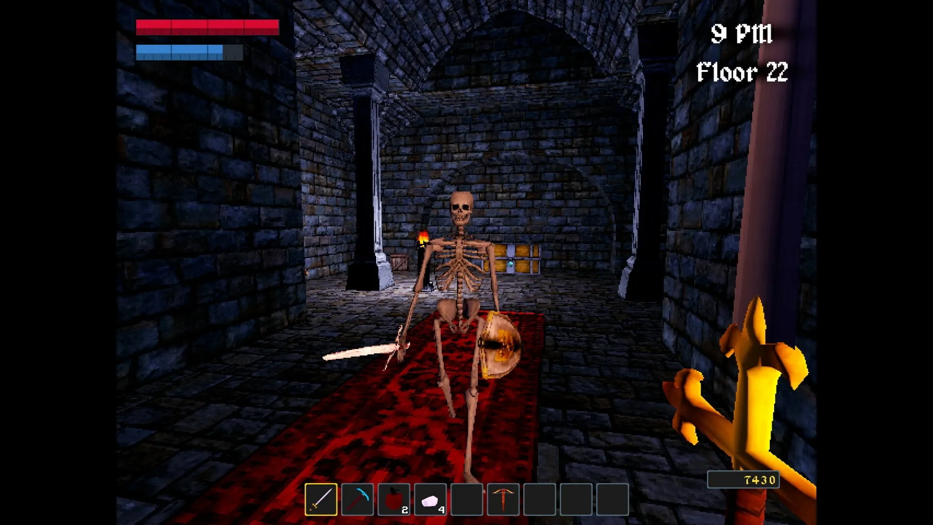 Nox Mortalis: Player battles skeleton in torch-lit dungeon corridor with health bars and inventory visible