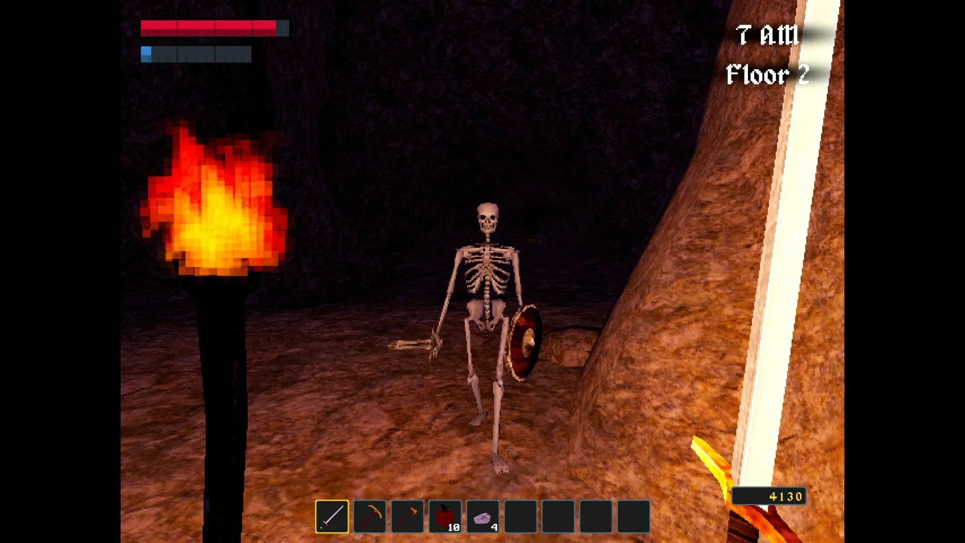 Nox Mortalis: Skeleton enemy encounter in dimly lit cave with torch and sword UI elements visible