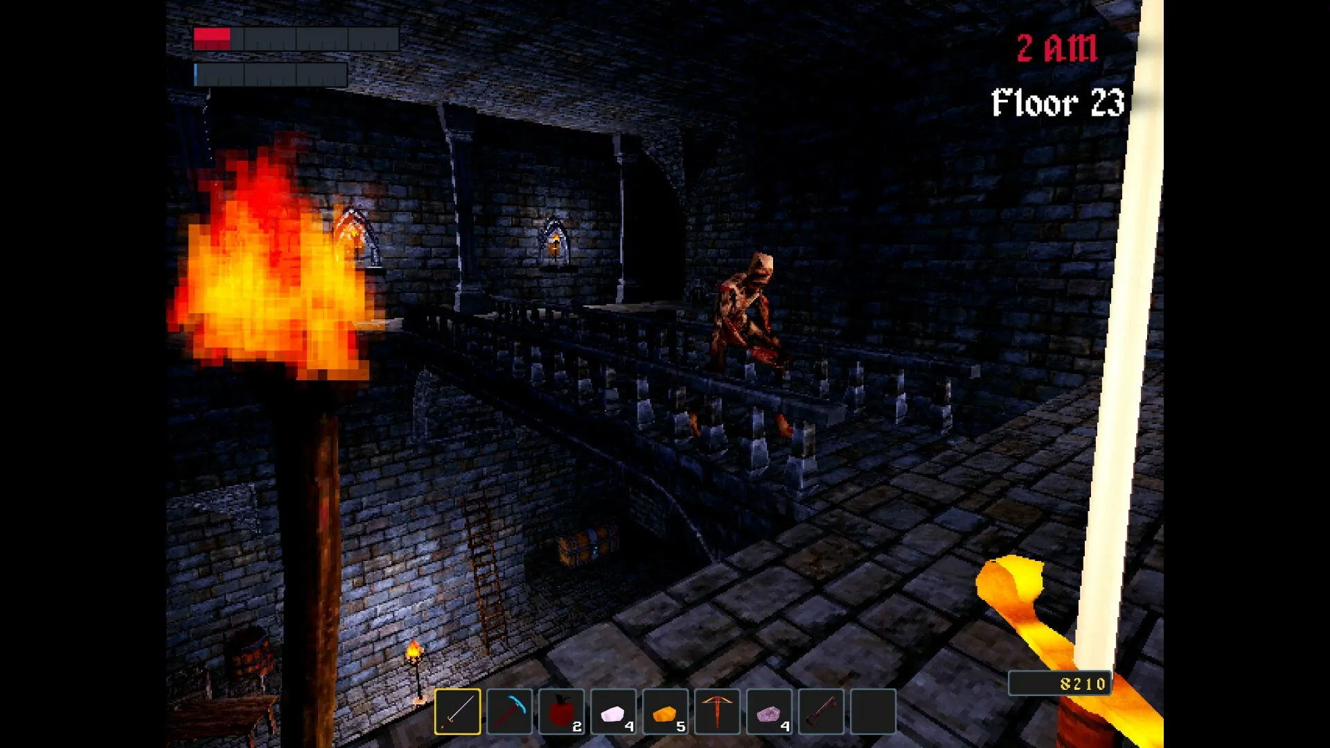Nox Mortalis: Player navigates a torchlit dungeon with creature on bridge, HUD shows tools and health.