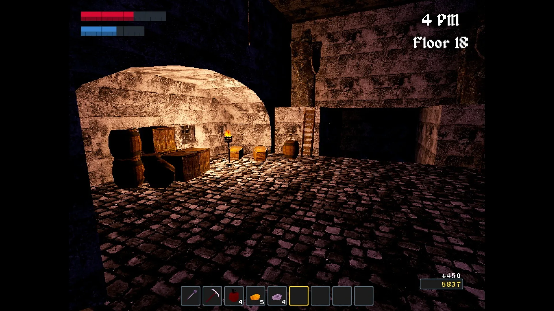 Nox Mortalis: Dungeon interior with crates, barrels, torchlight, and inventory bar at the bottom of the screen