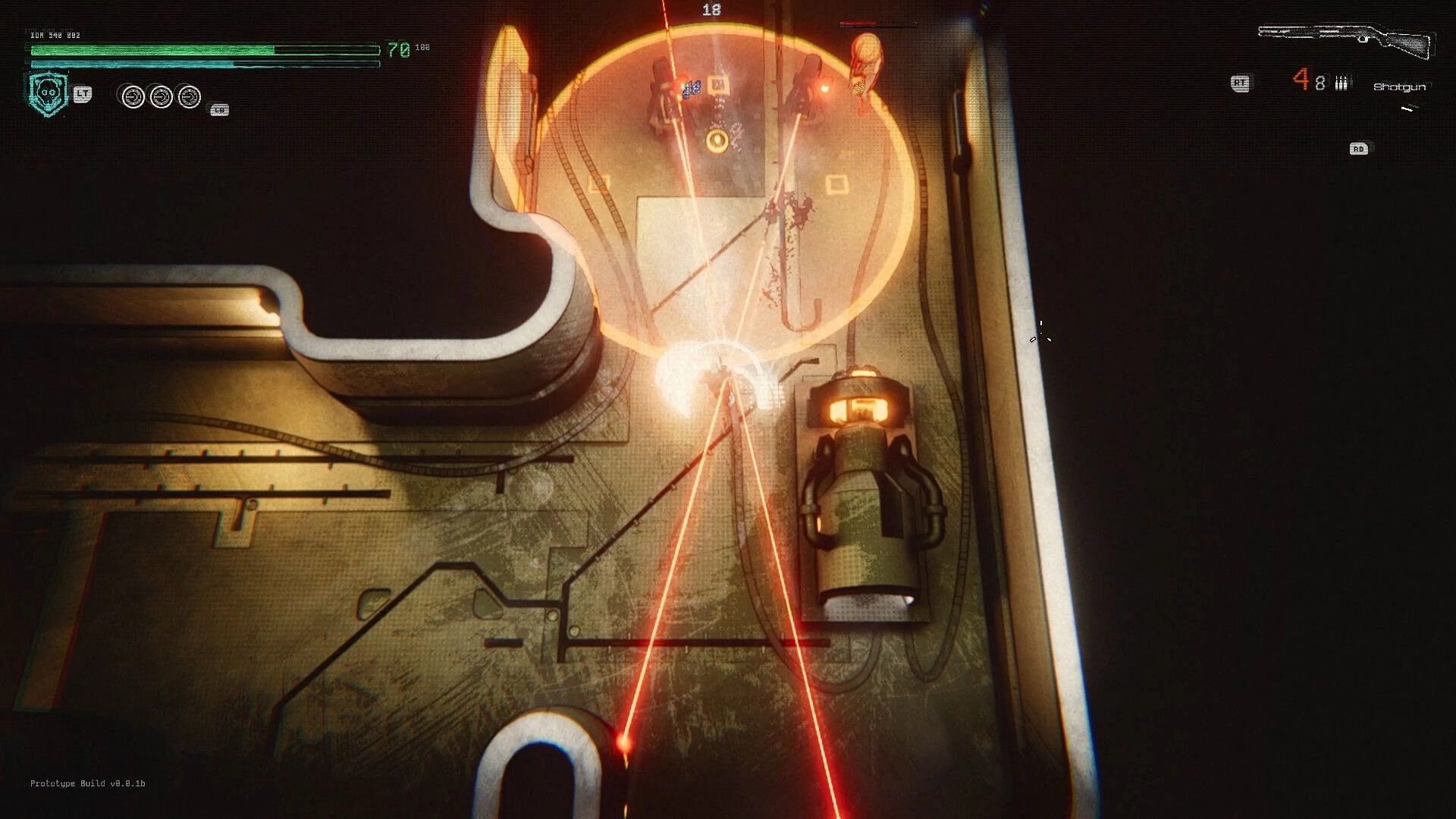 N.R.V: Player in combat with enemies, firing lasers in a dimly lit industrial corridor setting.