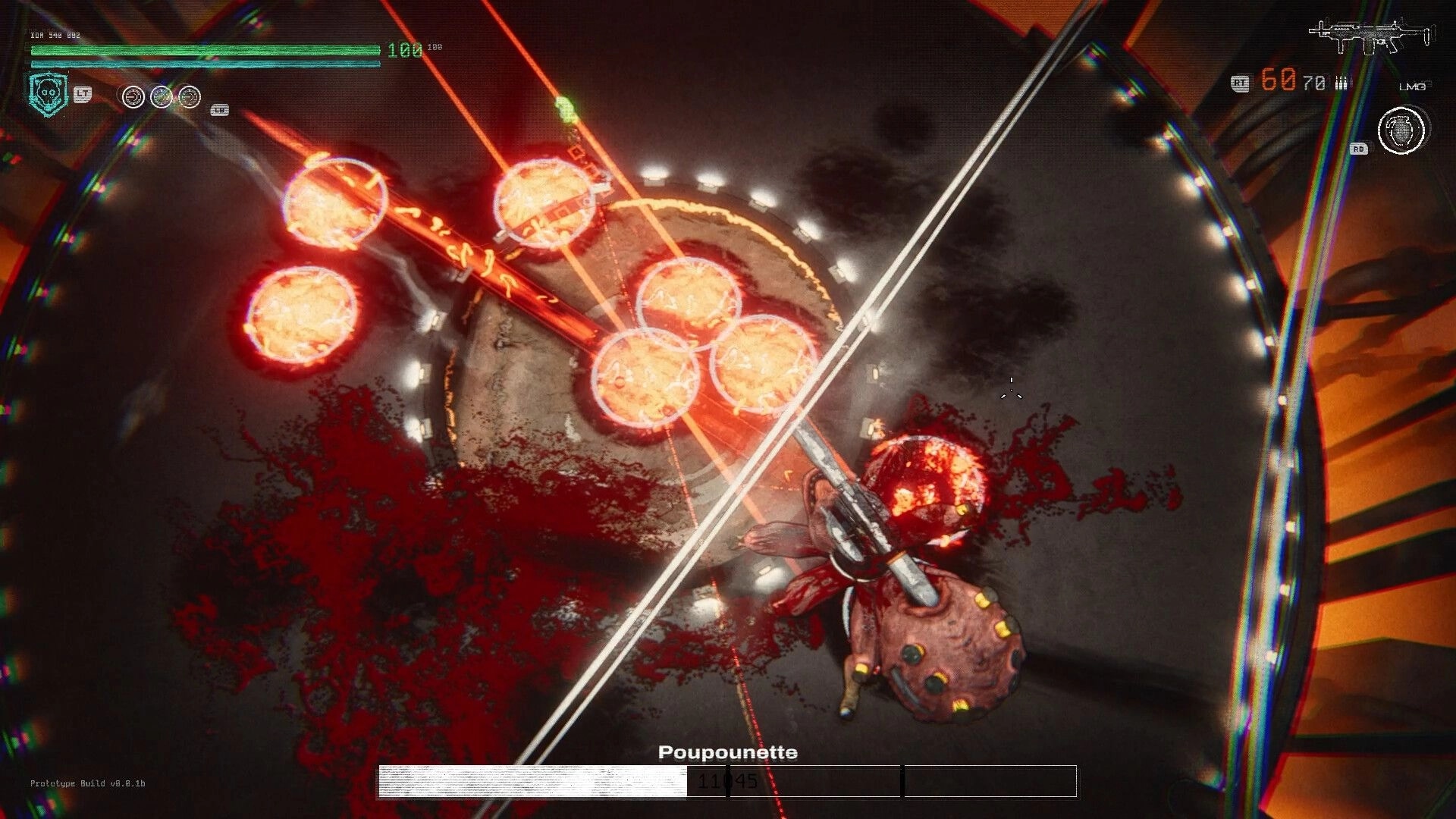 N.R.V: Player battling enemies with red projectiles and blood splatters in a circular cyberpunk arena.