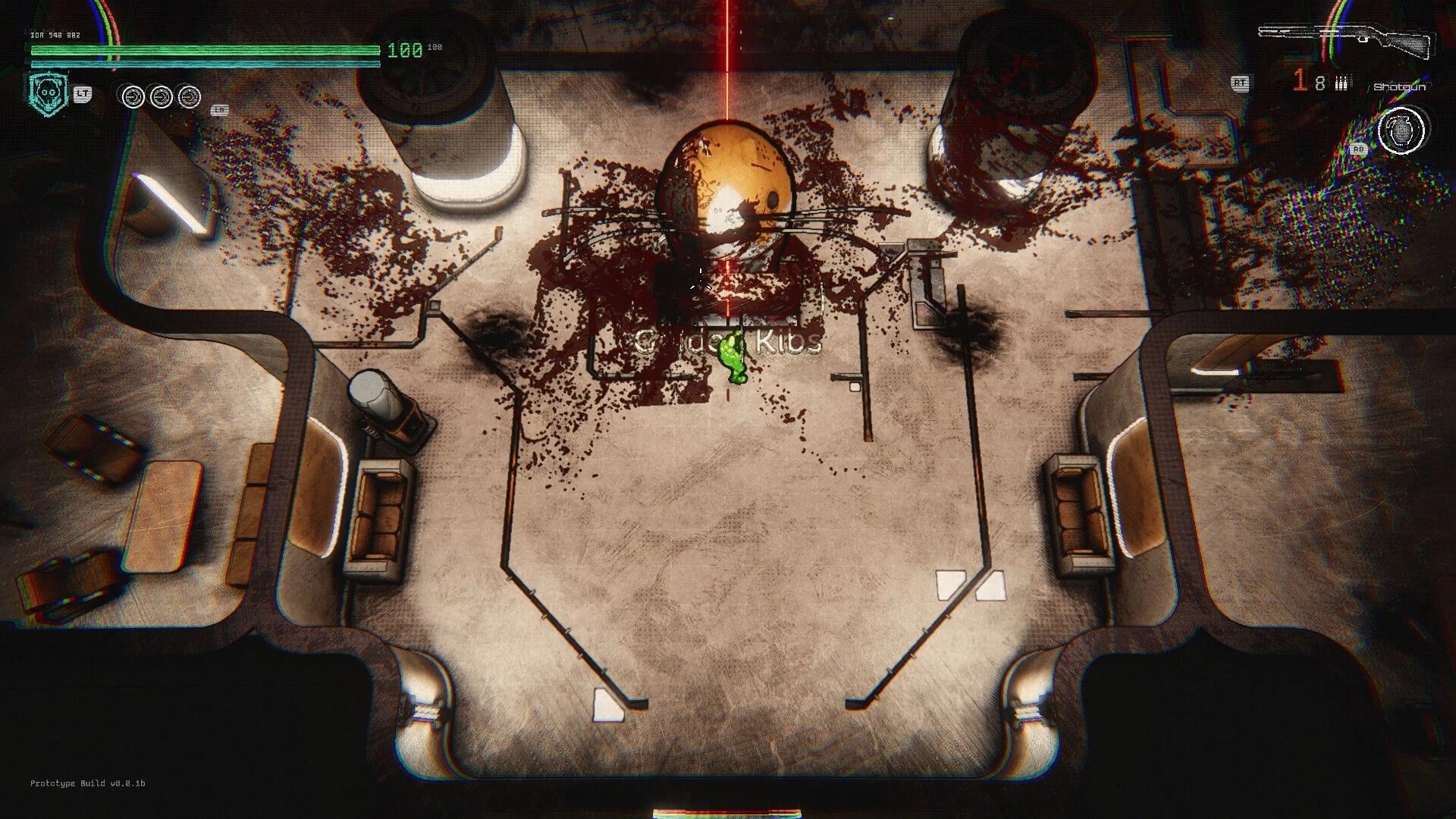 N.R.V: Blood-splattered room with character navigating debris, health bar, and shotgun UI elements visible.