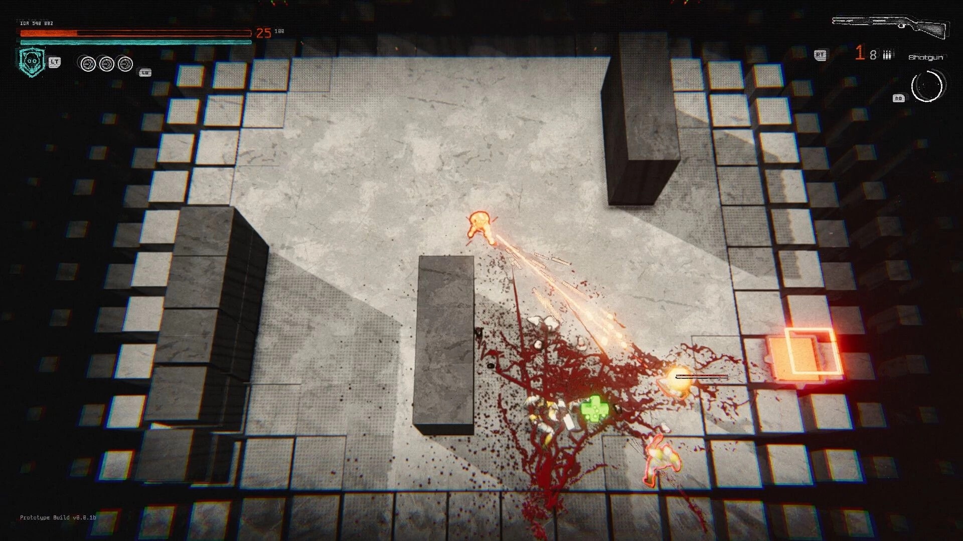 N.R.V: Player character shooting enemies amidst blood splatters in a grim cyberpunk arena with walls.