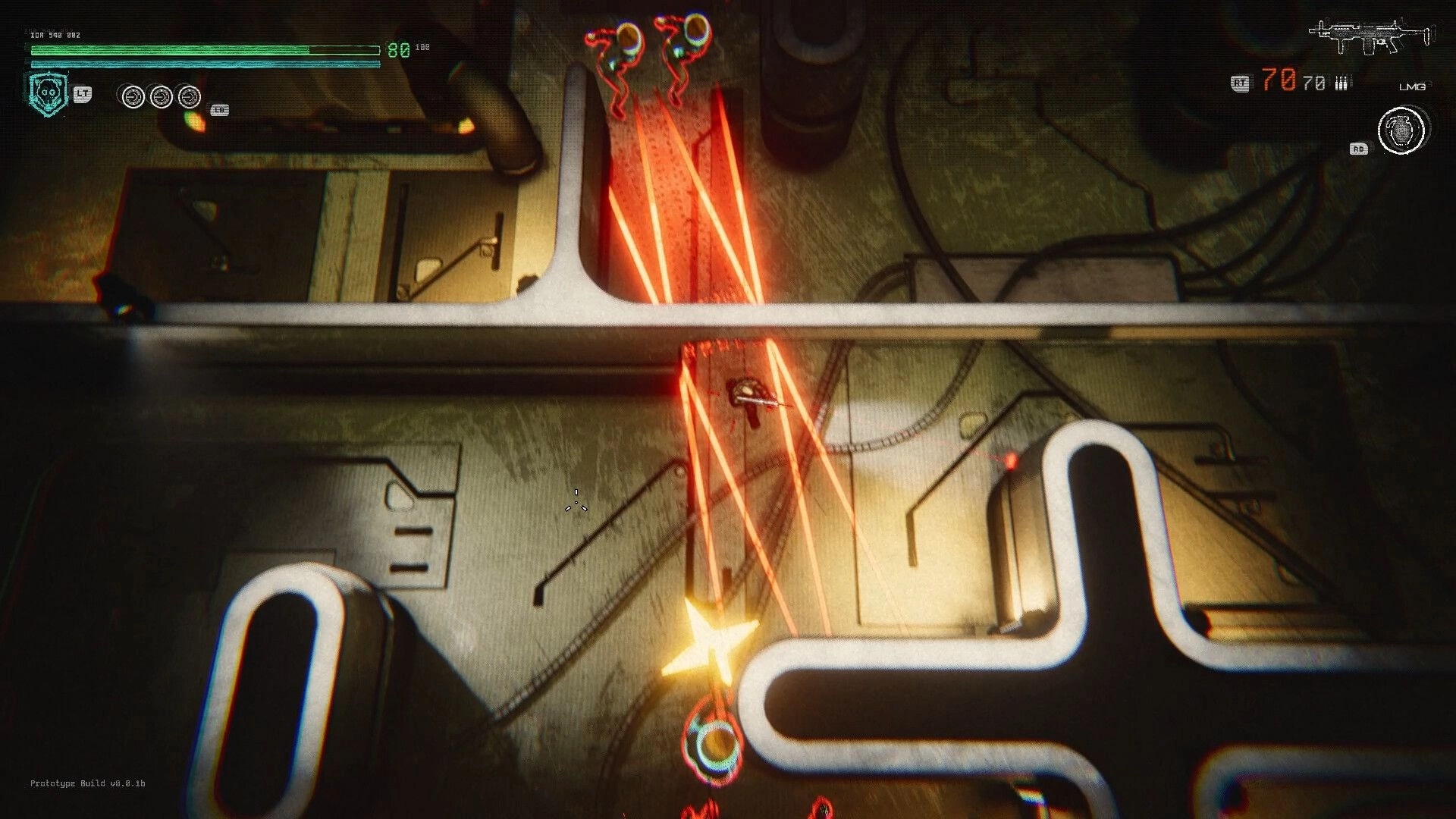 N.R.V: Player dodging red laser beams in a narrow corridor with enemy health bars and ammo UI visible.