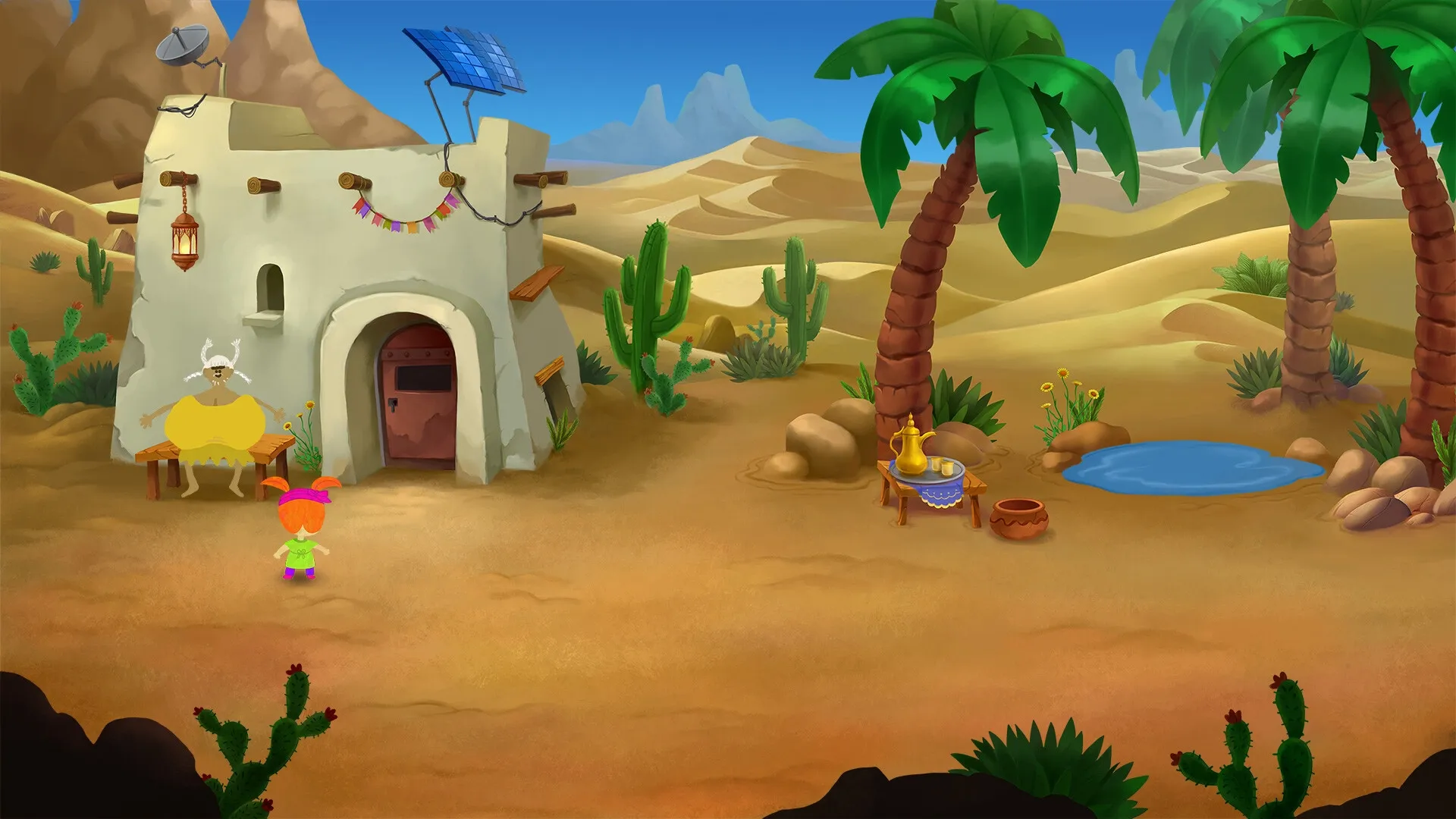 NubiaPhobia: Player approaches a villager outside a desert hut with palm trees and cacti surroundings.