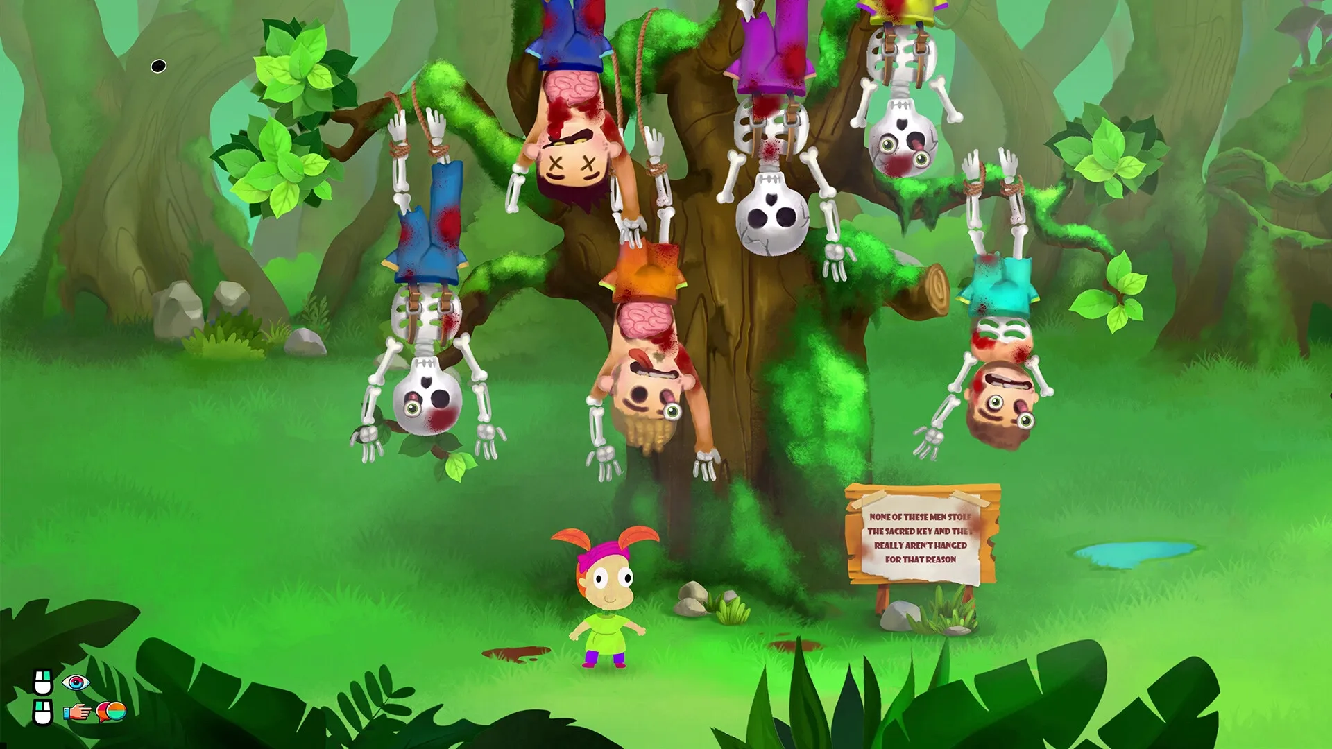 NubiaPhobia: Cartoon character standing beneath hanging skeletons in a whimsical, eerie forest setting.