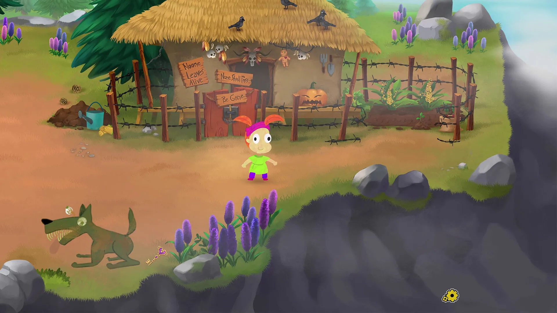 NubiaPhobia: Character stands by a haunted hut with warning signs and a playful dog in a garden setting.