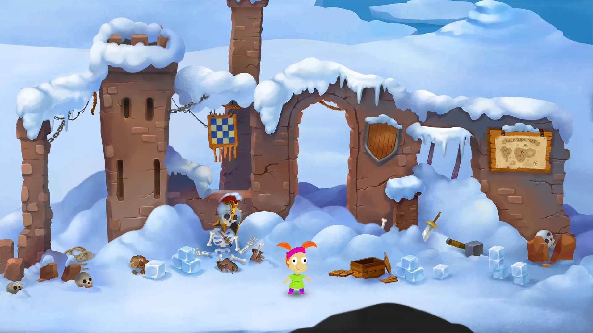 NubiaPhobia: Character explores snowy ruins with scattered bones, treasure map, and ancient artifacts.