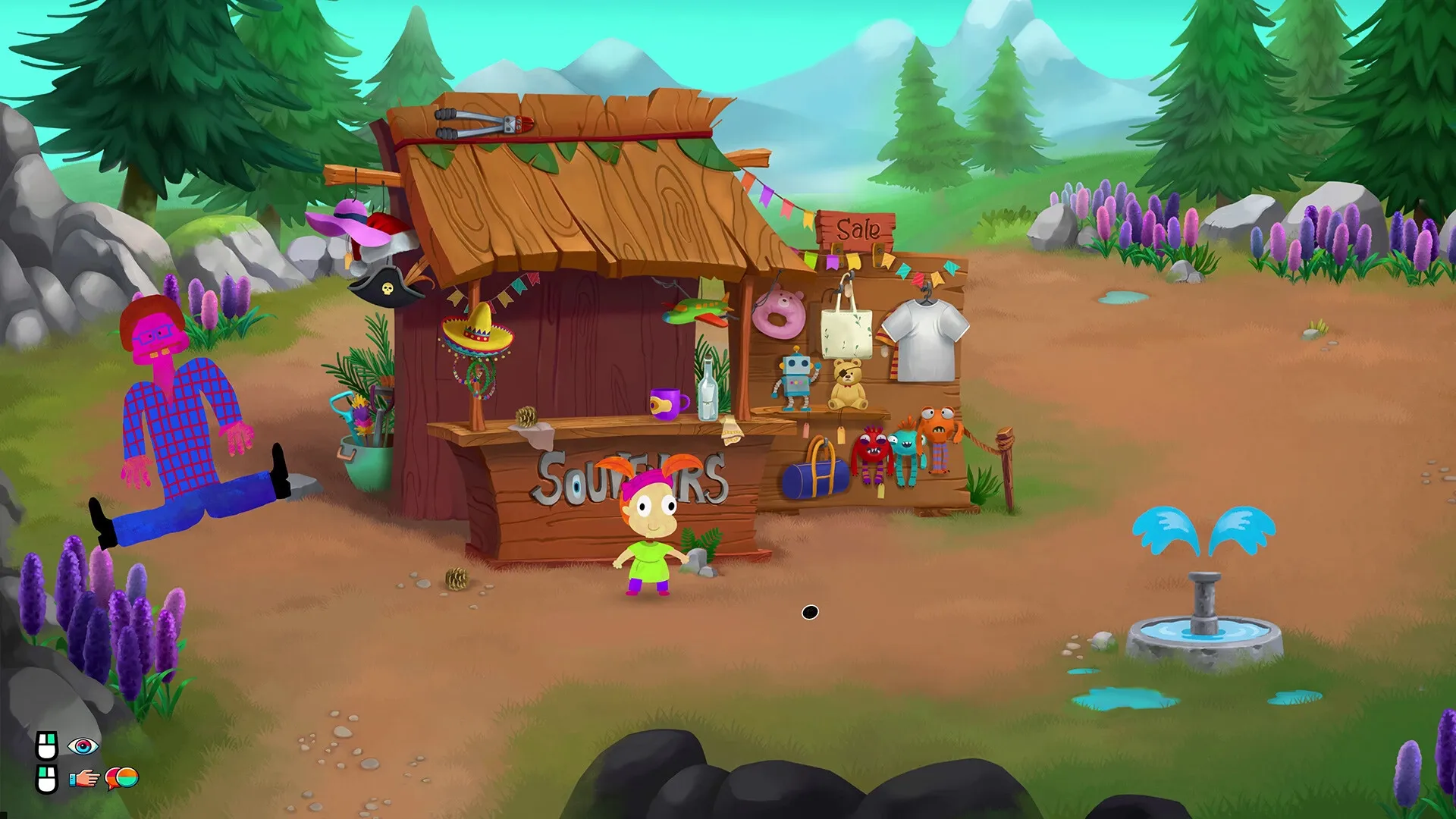 NubiaPhobia: Character at quirky souvenir stand in colorful forest clearing with mountains in background.