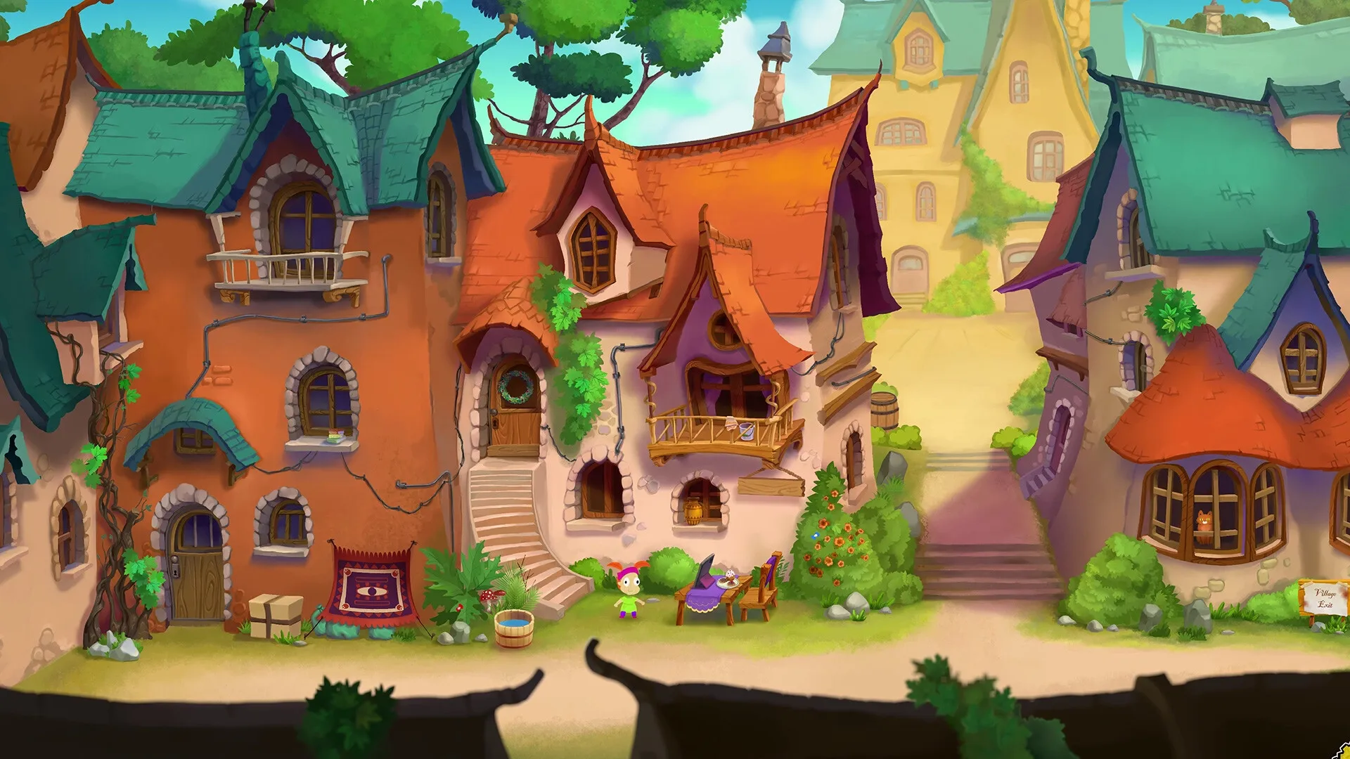NubiaPhobia: Quirky village scene with vibrant houses, a green character, and a witch under a red roof.