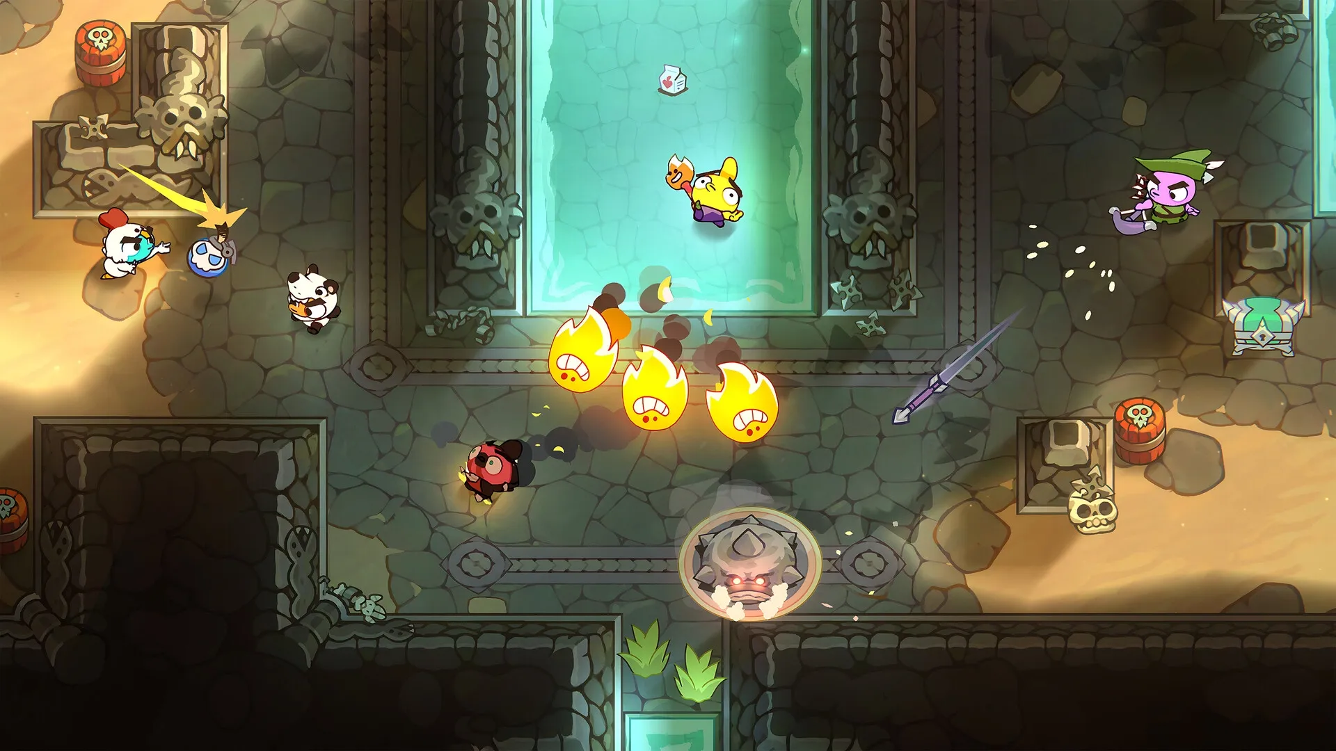 Nubs!: Intense 5-player battle in stone arena with characters dodging fireballs and collecting items.