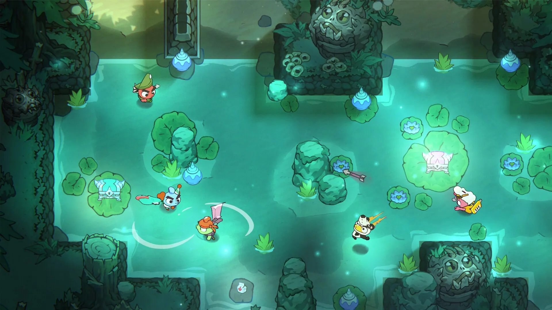 Nubs!: Colorful characters battle in a mystical forest arena with glowing orbs and ancient ruins.