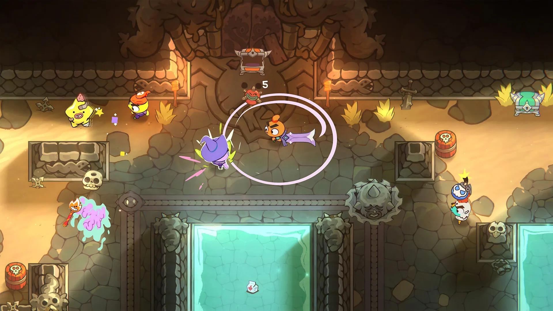 Nubs!: Colorful characters battle in a dungeon arena with chests, skulls, and glowing pool surroundings.