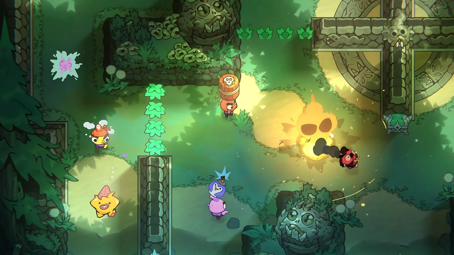 Nubs!: Five colorful characters engage in chaotic battle in a lush, overgrown ancient ruin arena.