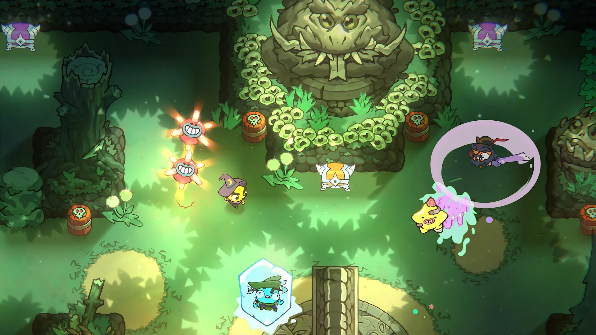 Nubs!: Wizard and rogue characters battle in lush forest arena with glowing orbs and stone statues.