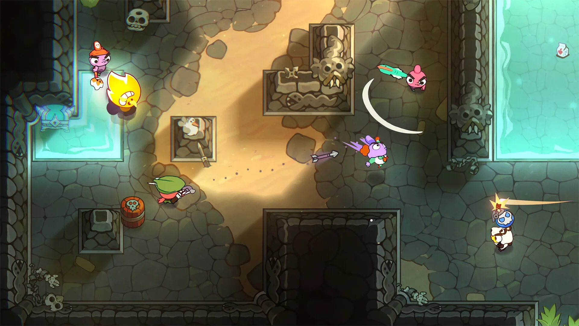 Nubs!: Five colorful characters battle in a dungeon arena with strategic movements and power-ups.