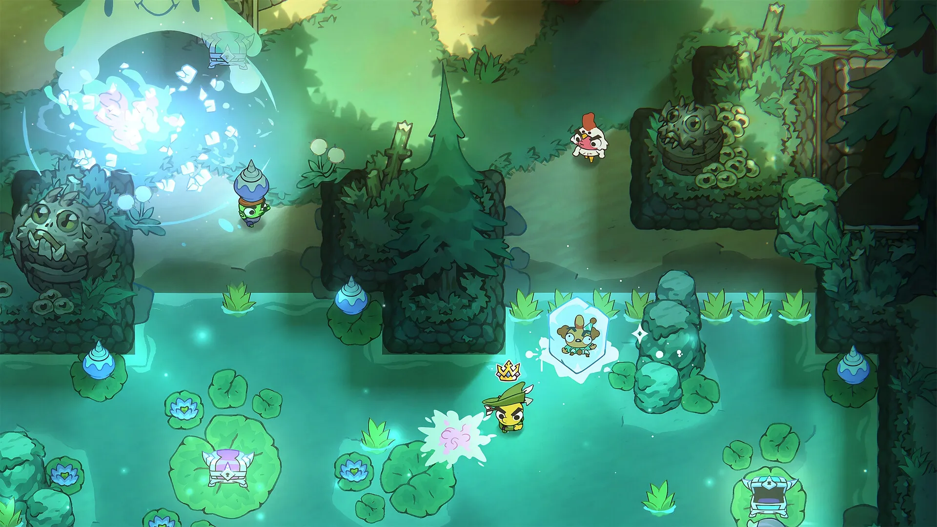 Nubs!: Characters navigate lush forest arena, one with a crown, near a glowing portal and icy trap.