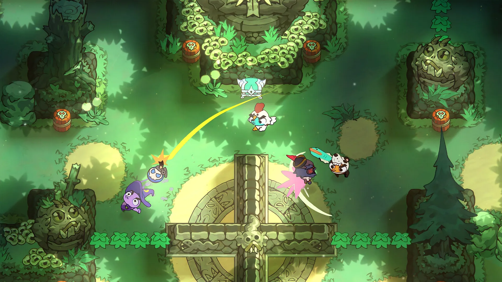 Nubs!: Four characters in colorful forest arena, engaging in chaotic combat around a stone cross.