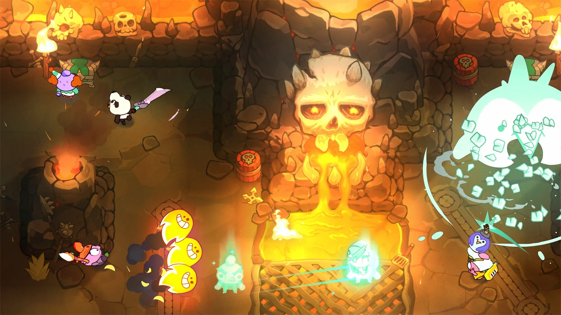 Nubs!: Characters battling in fiery dungeon arena with skull icon and magical attacks illuminating the scene.