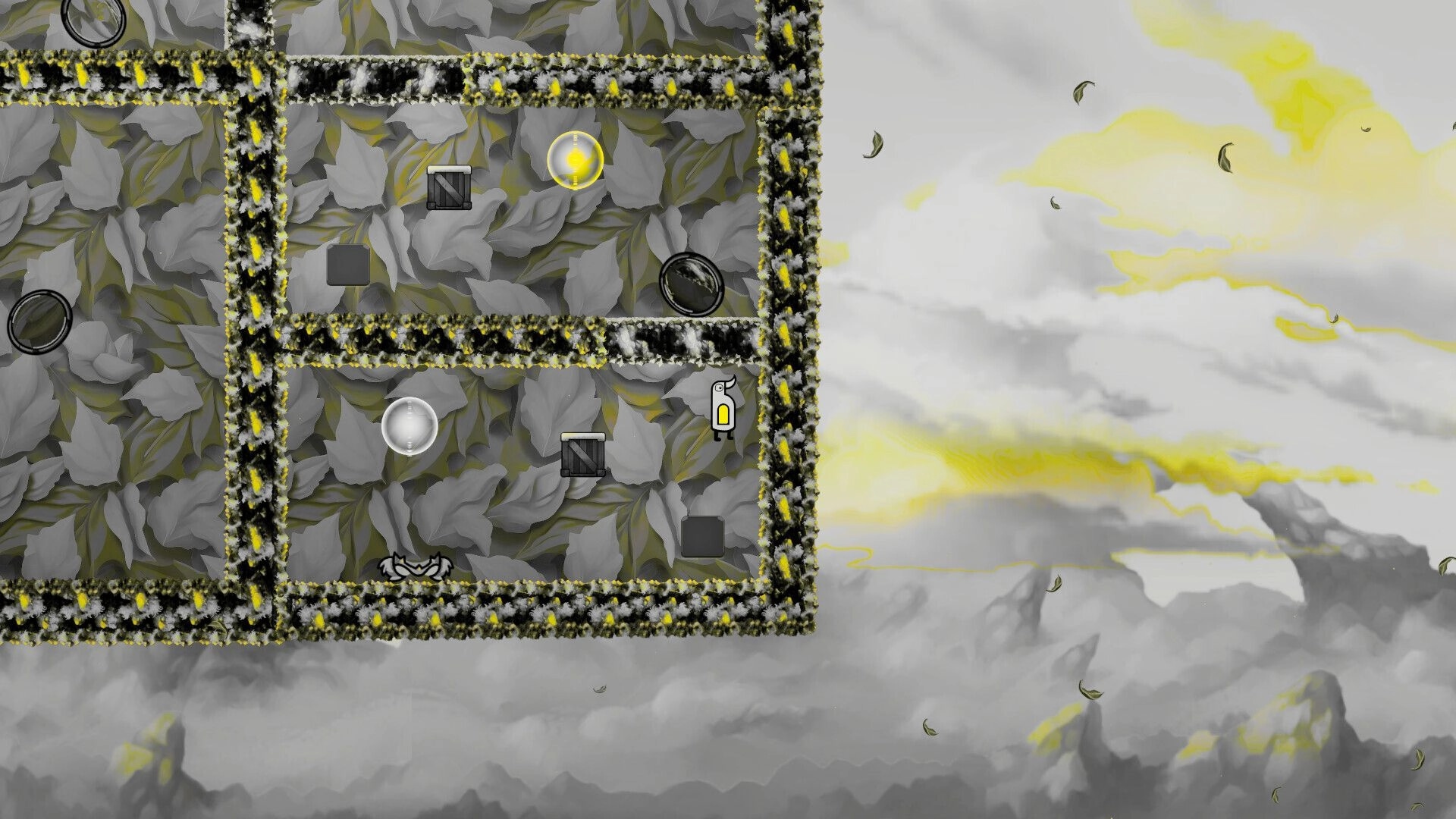 Nuktedan: Bird character by a wall switch in leafy maze with crates, glowing orbs, and portals.