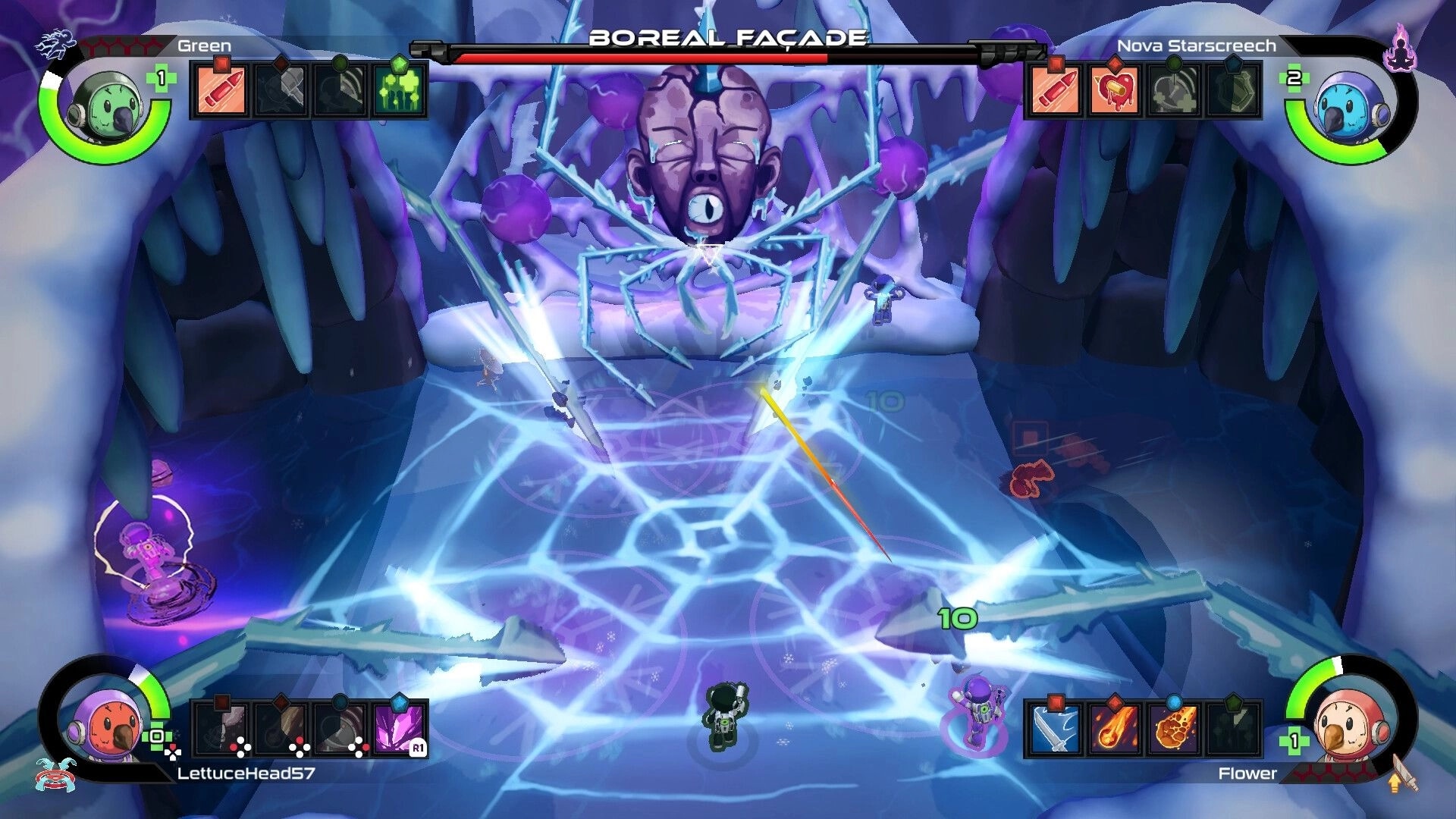 Nullpoint Protocol: Boss fight with Boreal Facade in icy cavern, players using abilities and health bars visible