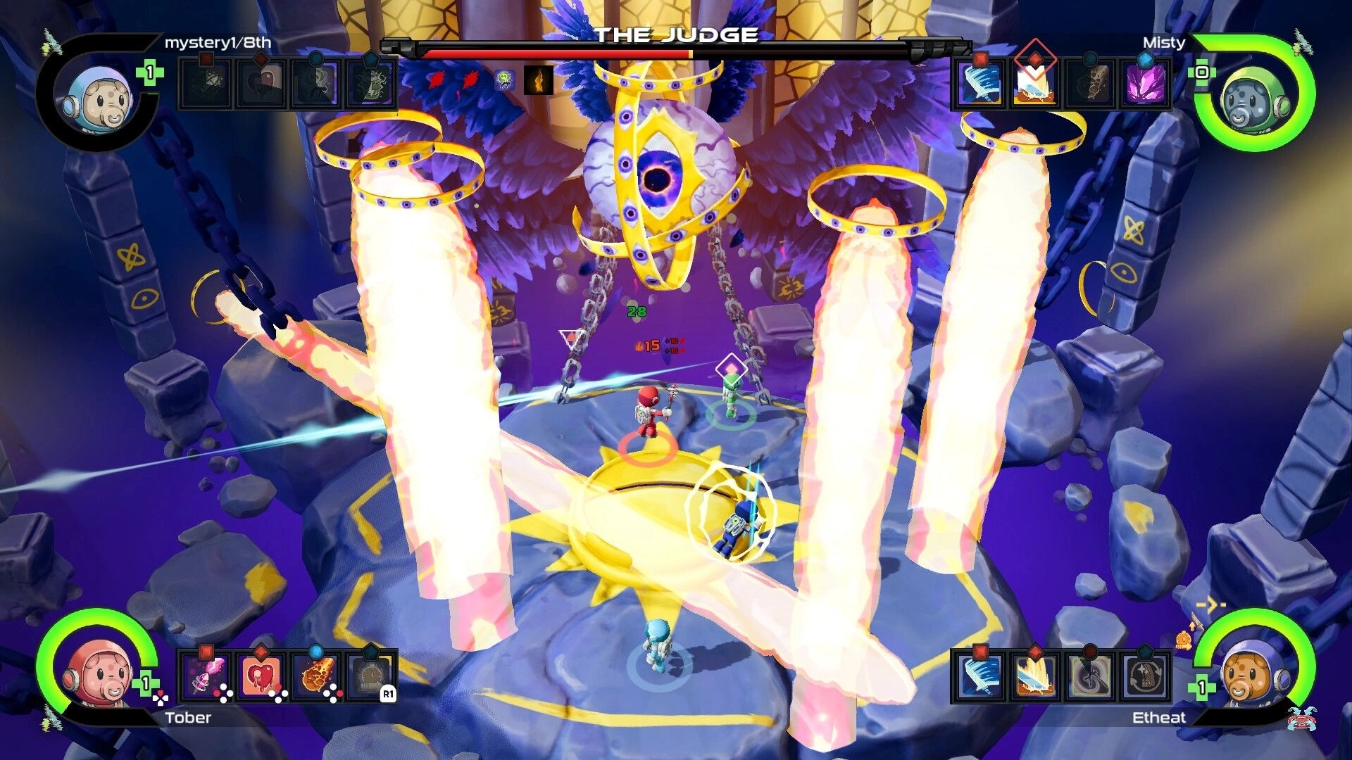 Nullpoint Protocol: Four players battle The Judge boss in a vibrant arena with chains and glowing effects.