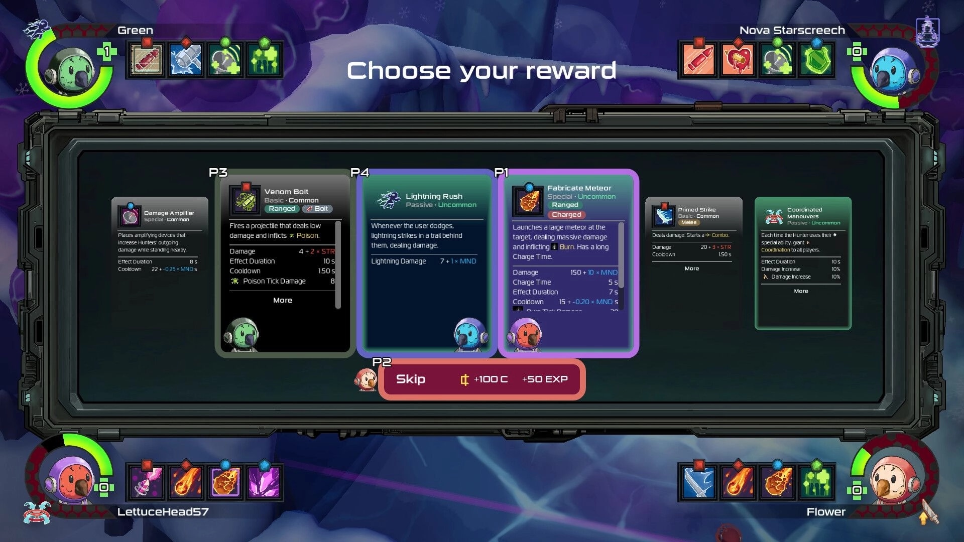 Nullpoint Protocol: Reward selection screen featuring four upgrade cards in a futuristic interface