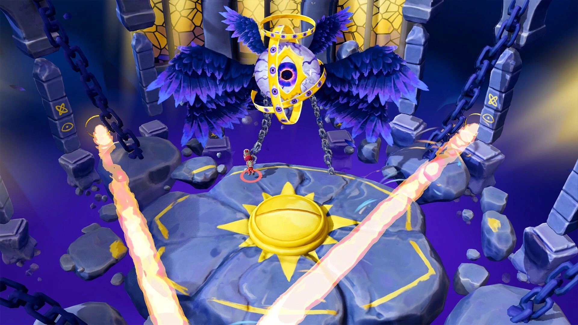 Nullpoint Protocol: Player faces winged boss with chains in a mystical arena with glowing symbols
