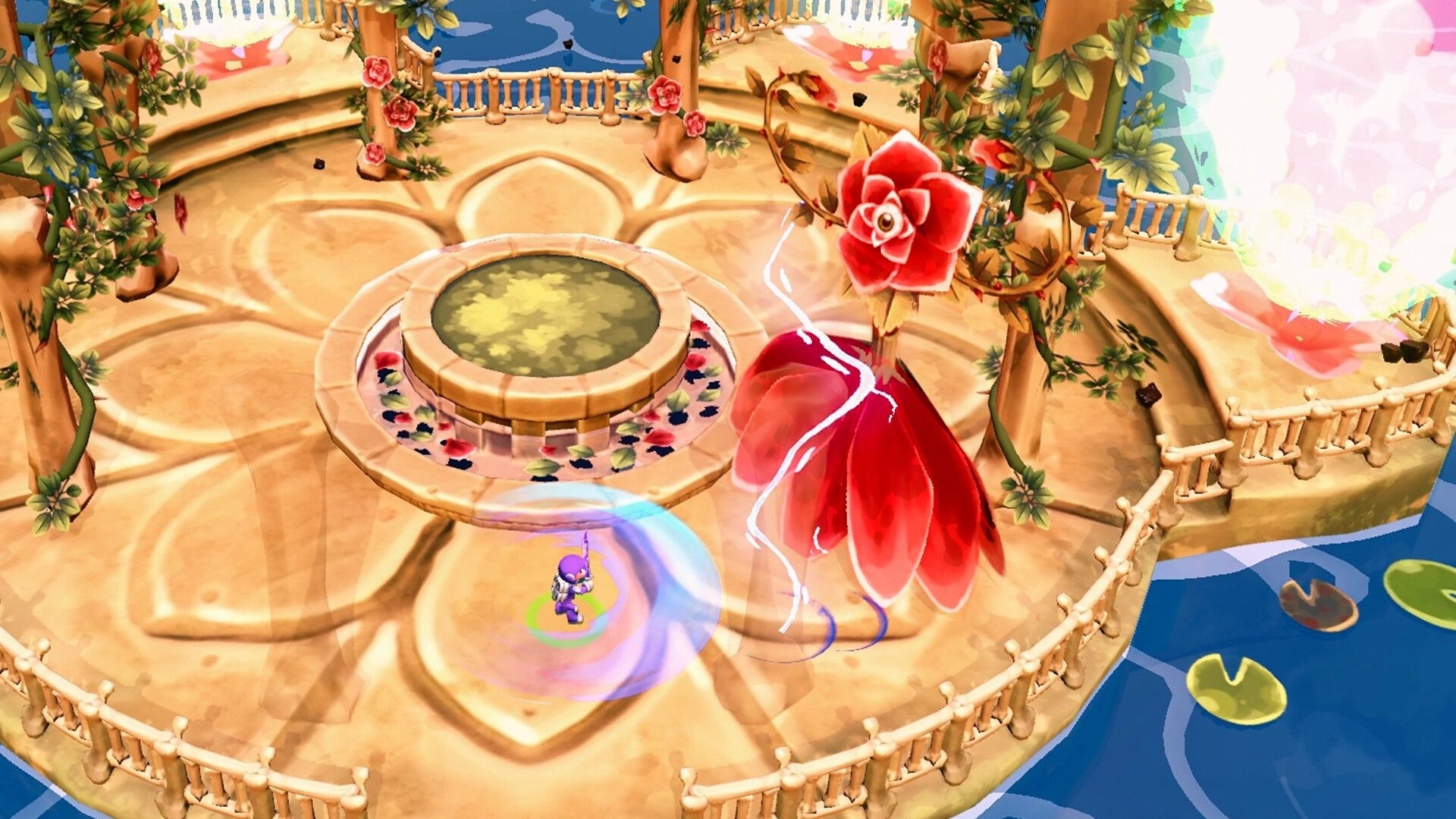 Nullpoint Protocol: Player in combat with a giant red flower boss on a circular garden platform