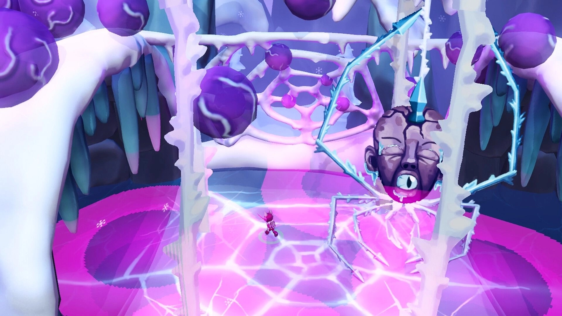 Nullpoint Protocol: Player battles giant spider boss in icy cavern with glowing purple terrain