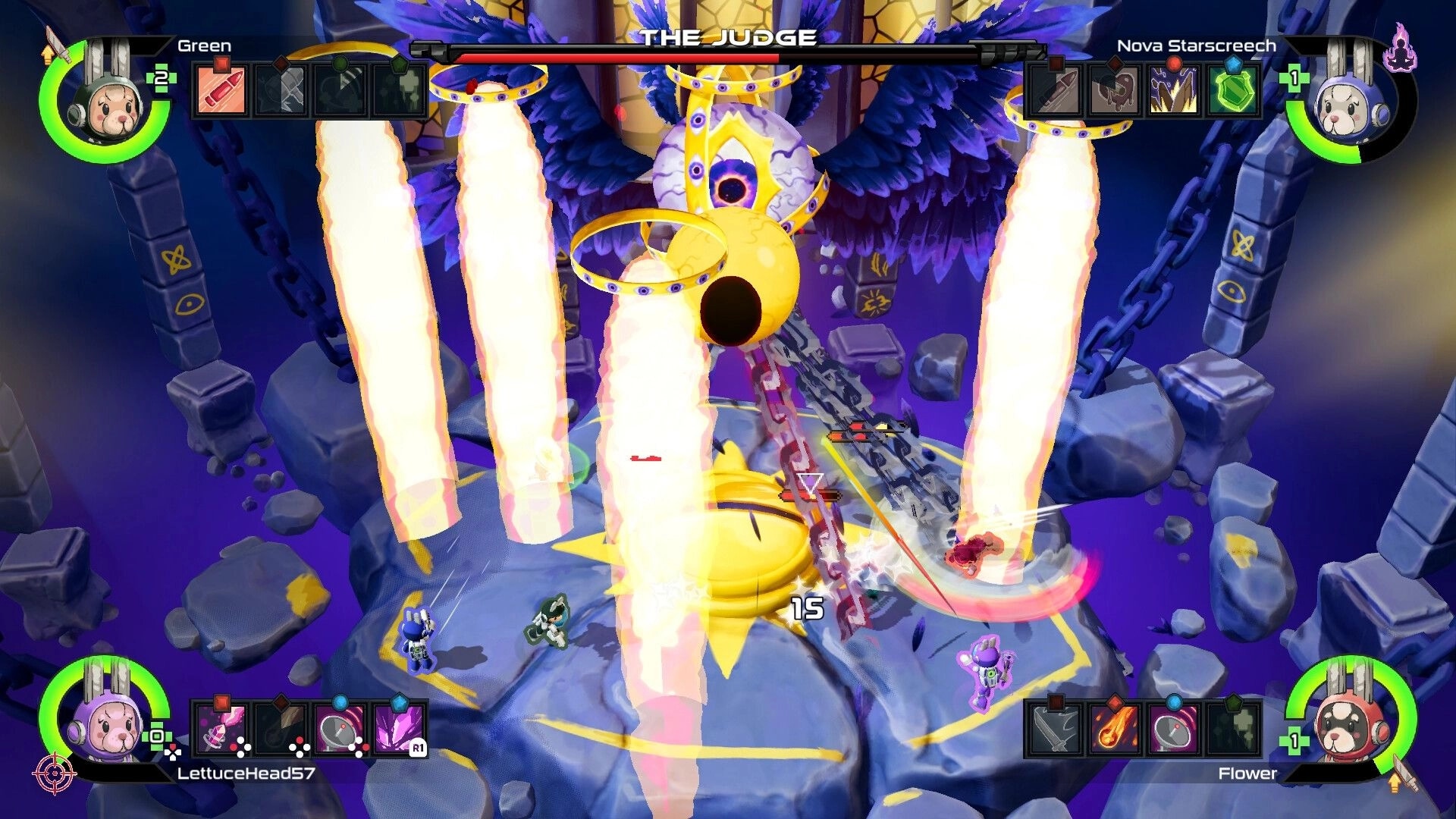 Nullpoint Protocol: Intense boss battle with The Judge in a mystical arena, players dodging fiery beams