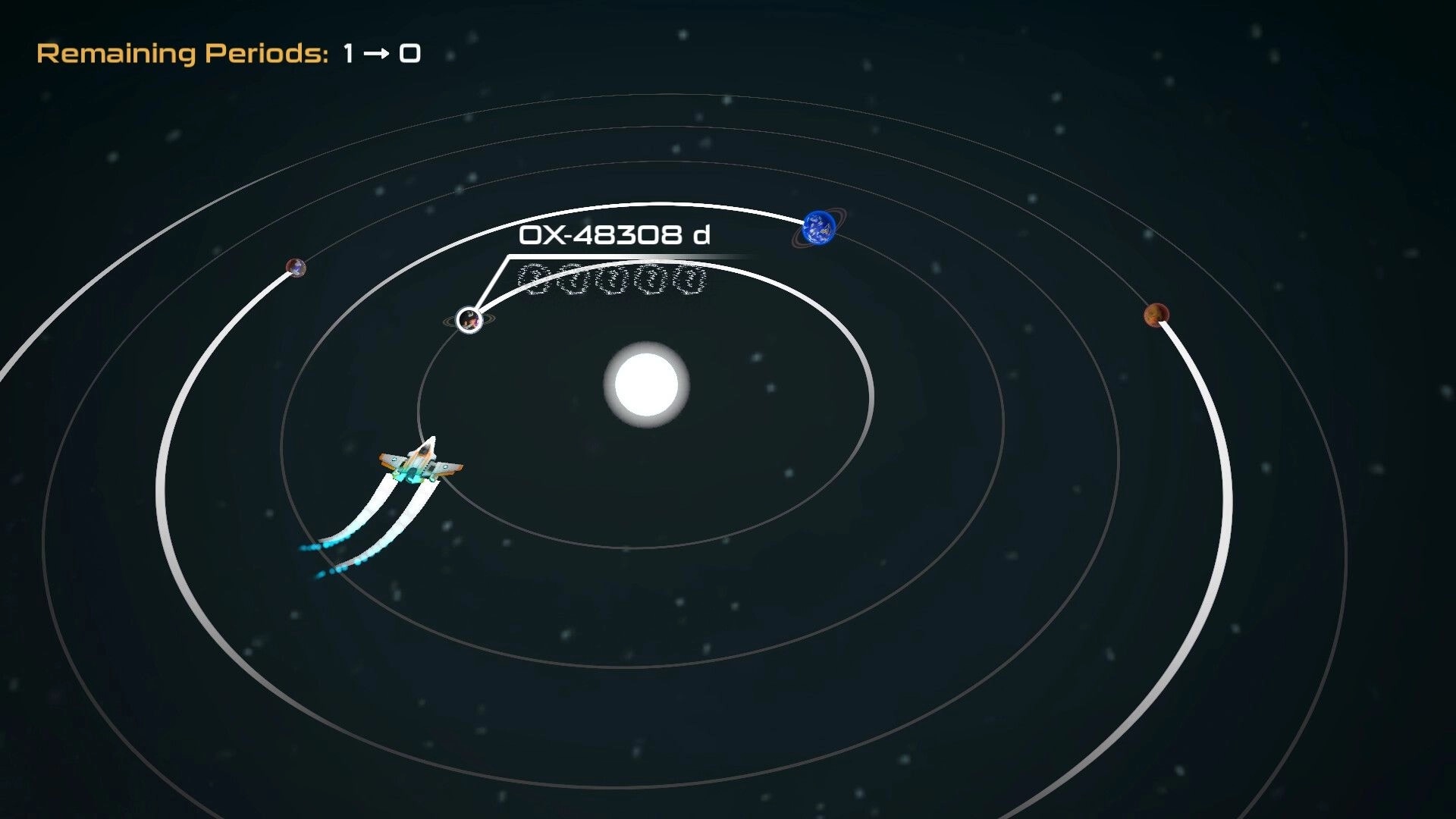 Nullpoint Protocol: Spaceship navigating orbital paths around planets in a dark space environment.