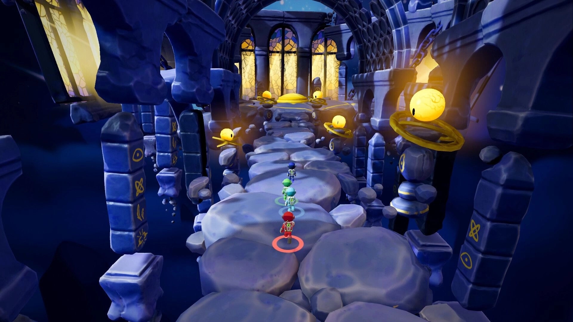 Nullpoint Protocol: Four characters traverse a stone path in a mystical, illuminated temple environment.