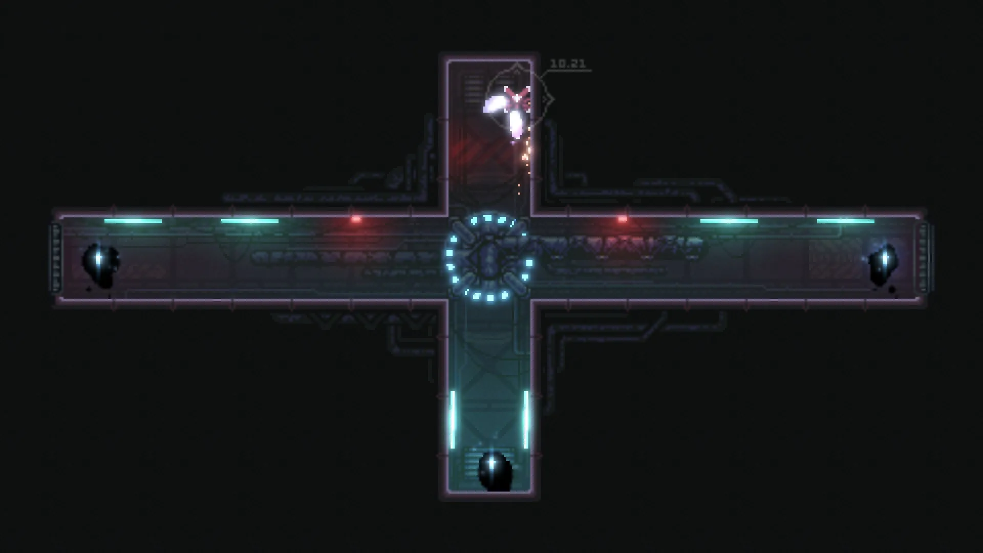 Nullstar: Drone navigating cross-shaped corridor with glowing lights and digital interface in dark ruins