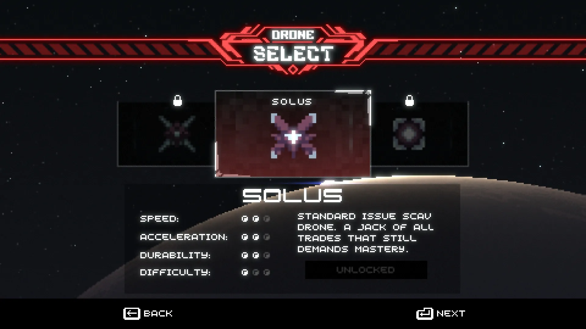 Nullstar: Drone selection screen with Solus highlighted, displaying stats and description in space.