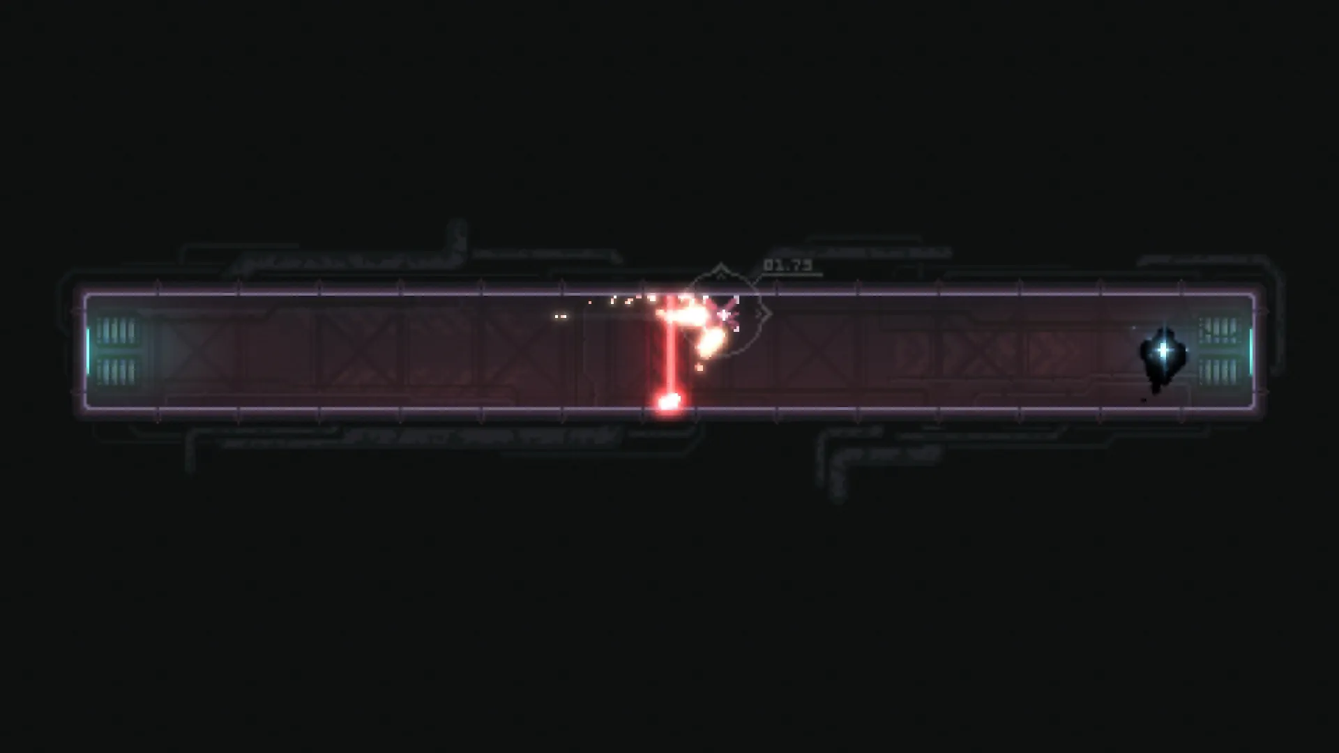 Nullstar: Drone dodging laser beams in a narrow corridor with glowing exit ahead