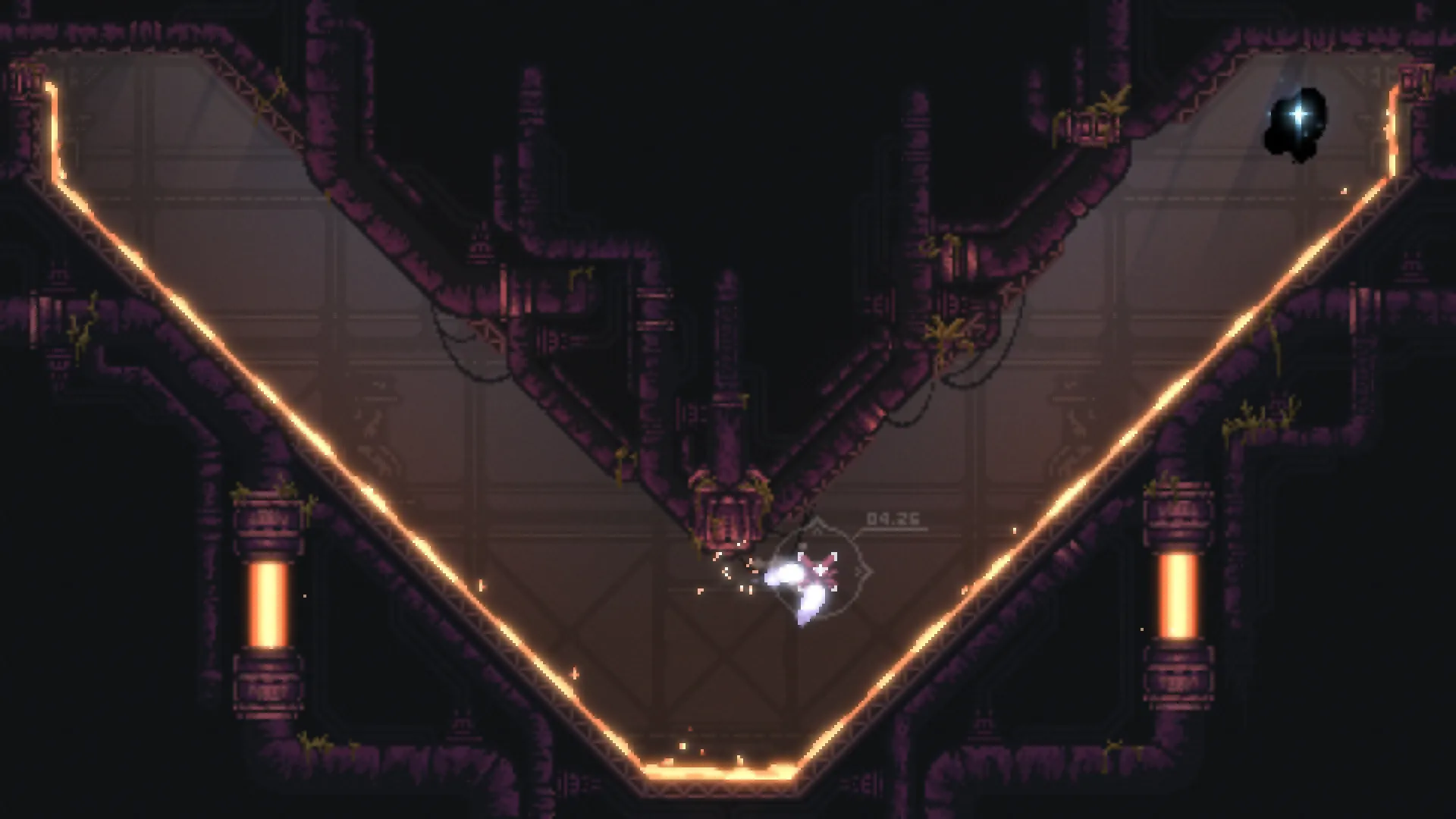 Nullstar: Corporate scavenger drone navigating a dark industrial corridor with glowing hazards