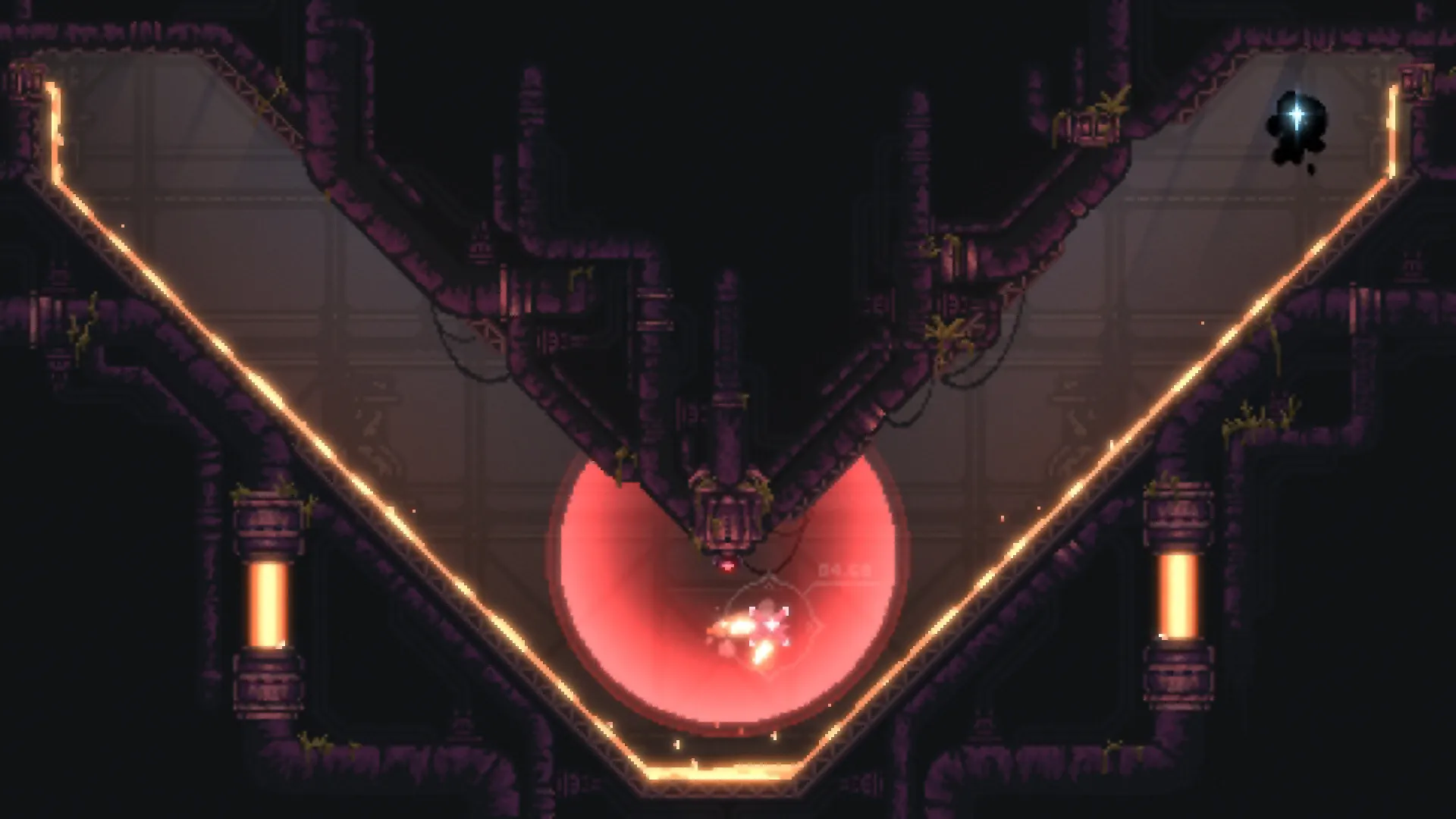 Nullstar: Scavenger drone navigating neon-lit tunnels with red energy field in industrial ruins