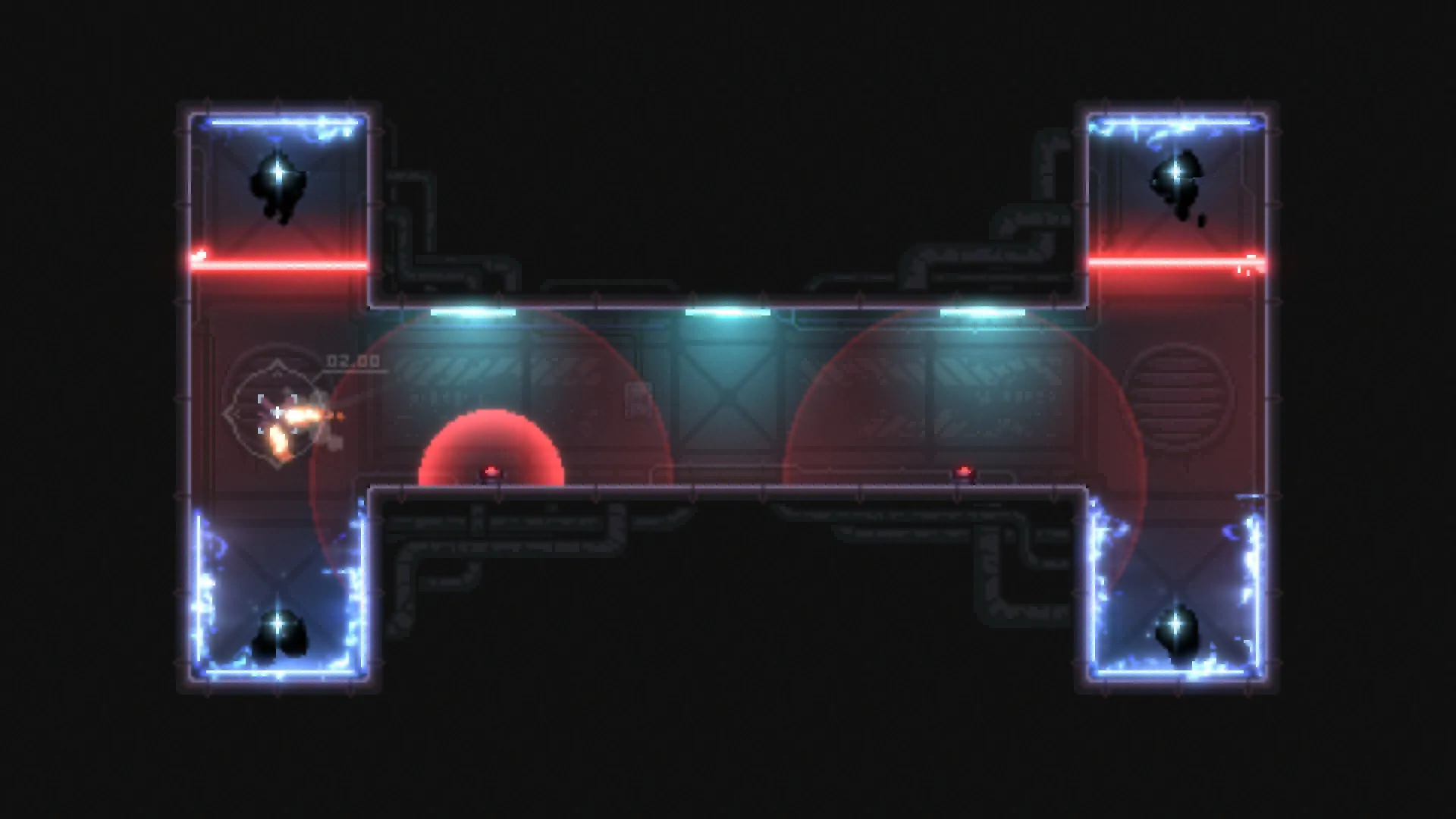 Nullstar: Drone navigates neon-lit corridor with red barriers and shadowy figures in a dark environment.