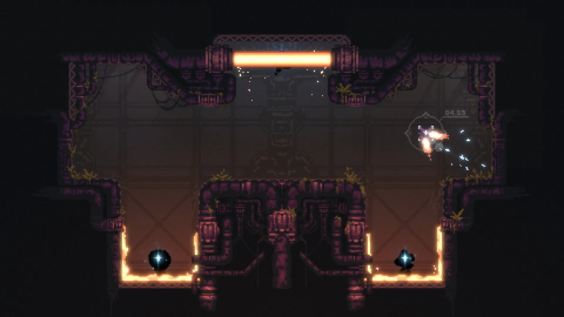 Nullstar: Drone evades hazards in a dimly lit, industrial room with glowing pipes and obstacles.