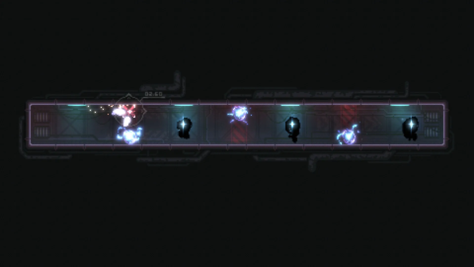 Nullstar: Drone navigating corridor with glowing obstacles and dark silhouettes in a dimly lit environment