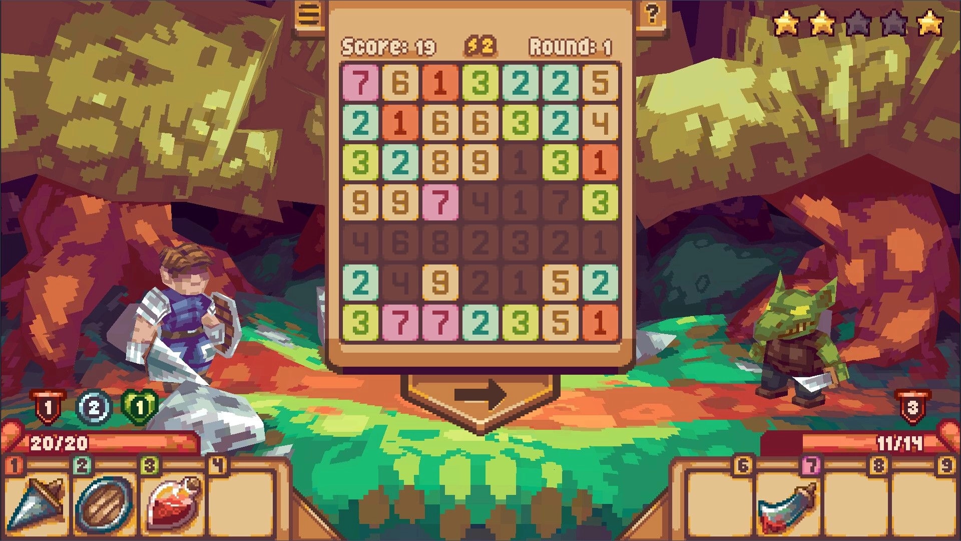 Numeral Strike: Hero and goblin face off on number grid in vibrant forest setting with health bars visible
